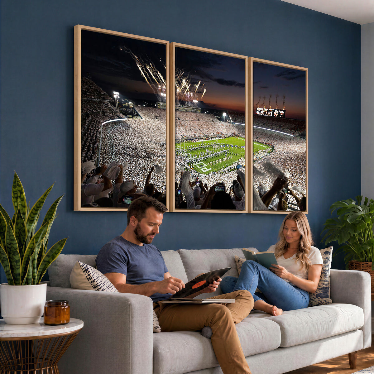 11221988-MGV-CV-36X24 - Epic Night Football Stadium Wall Art Canvas Print, Fireworks and Crowd
