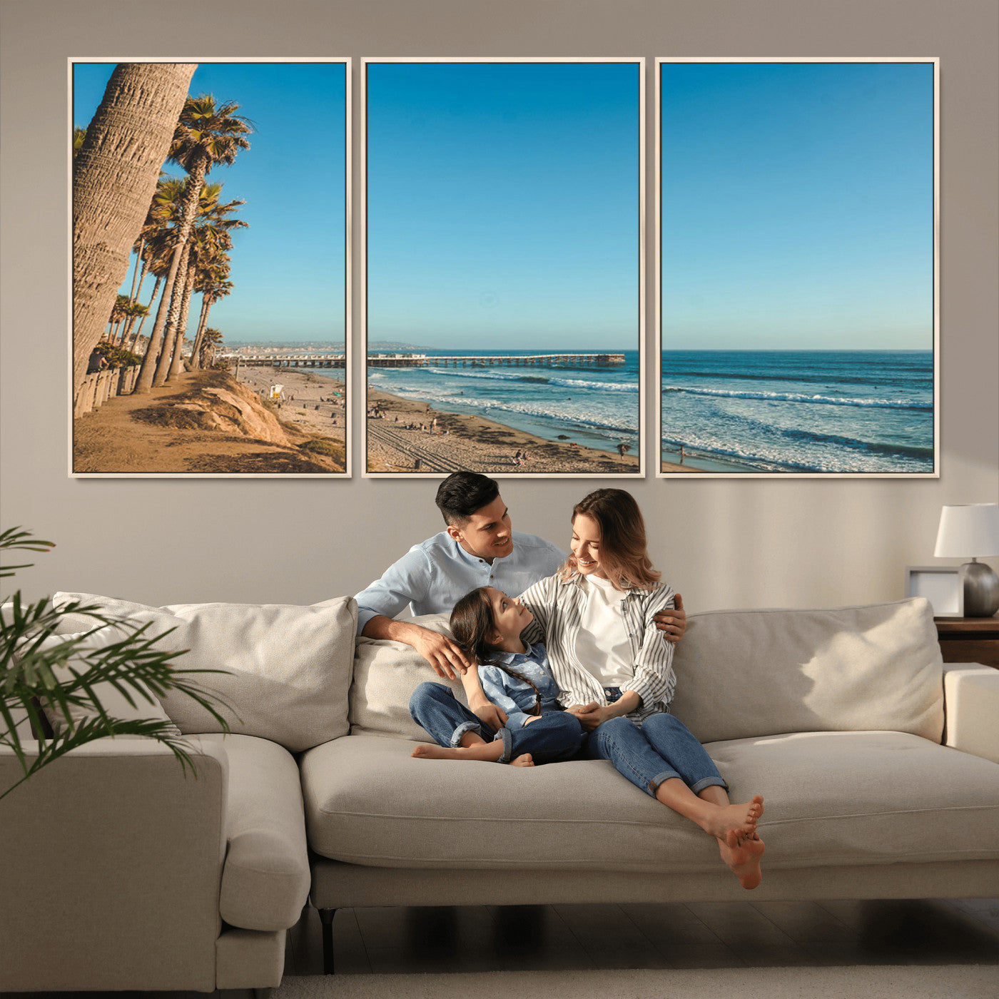MGV-FC-60X30-3P - Scenic Beach with Tall Palm Trees, Sandy Shore, and Long Pier Stretching into the Calm Ocean Under