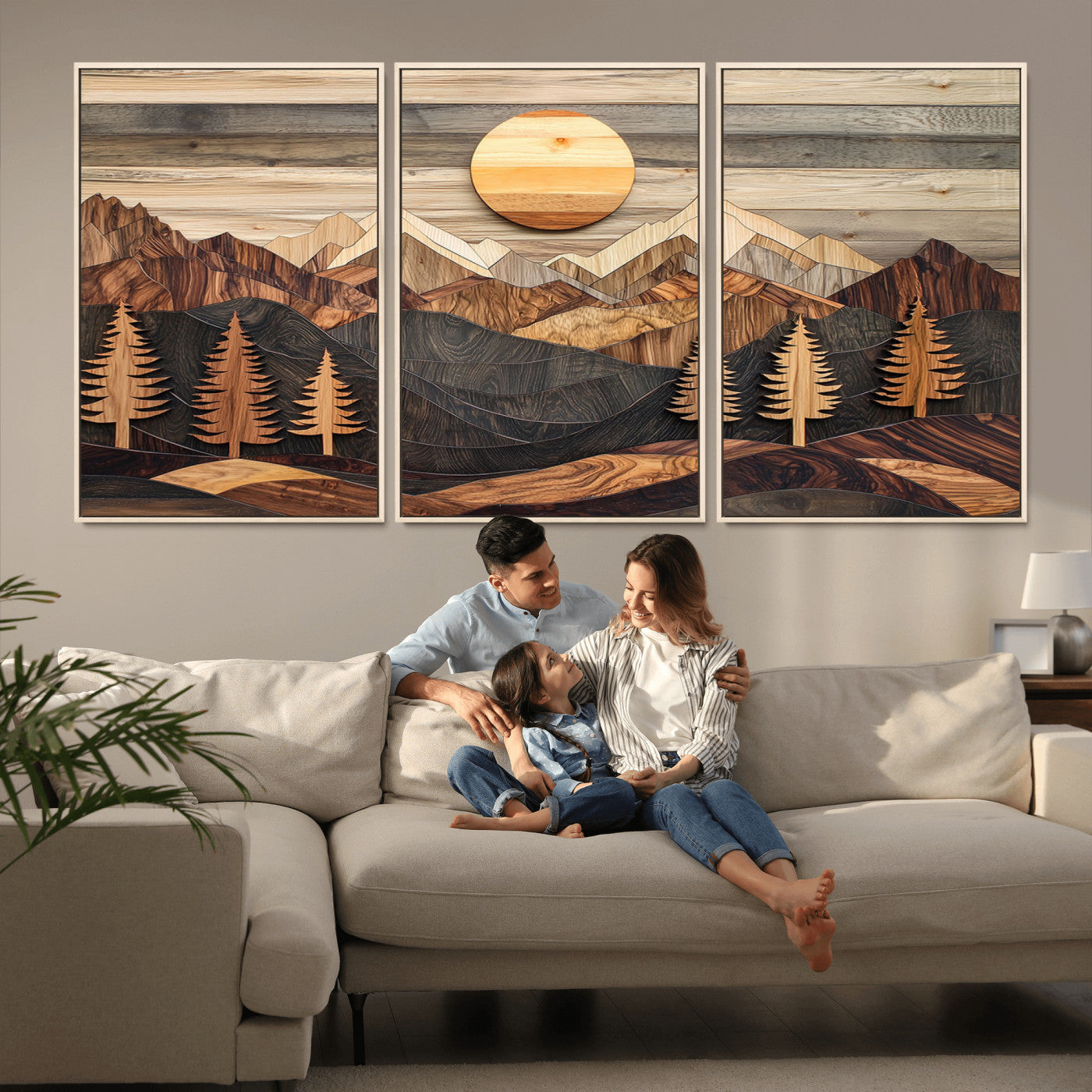 19832326-MGV-FC-60X30-3P - Wooden Mountain Landscape Layered Texture Geometric Shapes Sun Pine Trees Rustic Natural Tones Art