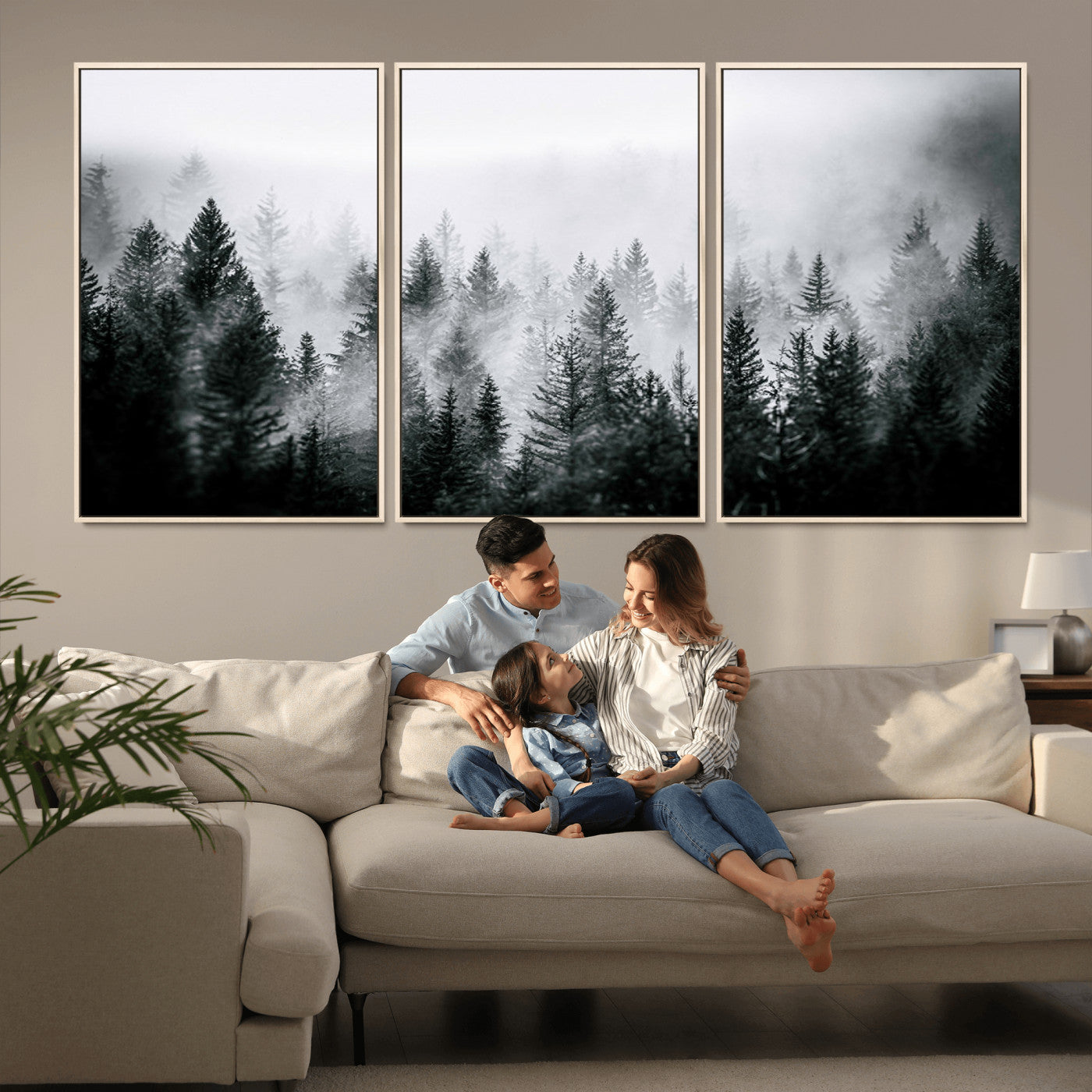 Horizontal black and white canvas wall art of foggy pine forest landscape for modern and rustic home decor