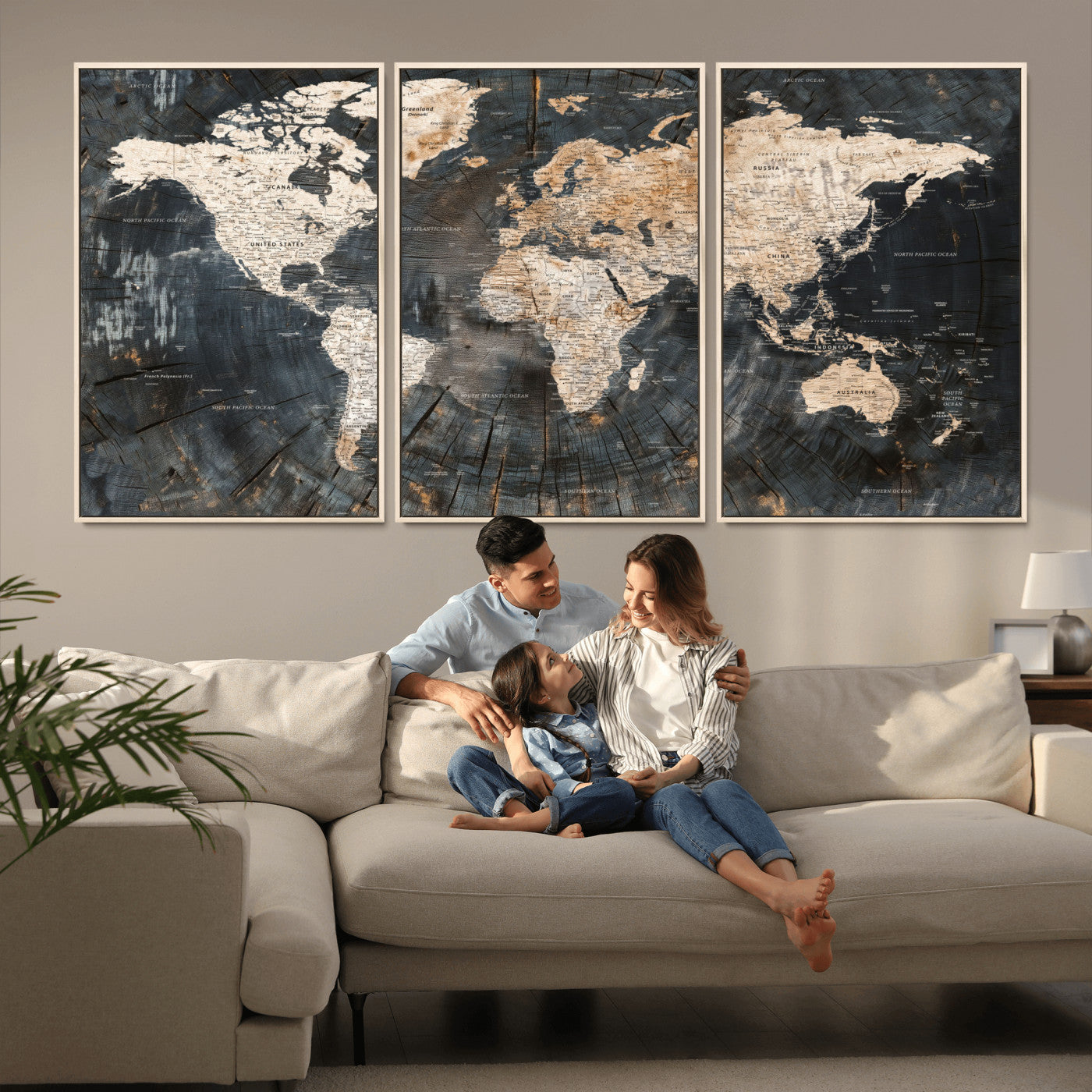 57626704-MGV-FC-60X30-3P - World Map Wall Art Canvas Print, Modern Decorative Framed Map Artwork Prints for Living Room, Office, Bedroom Wall Decor