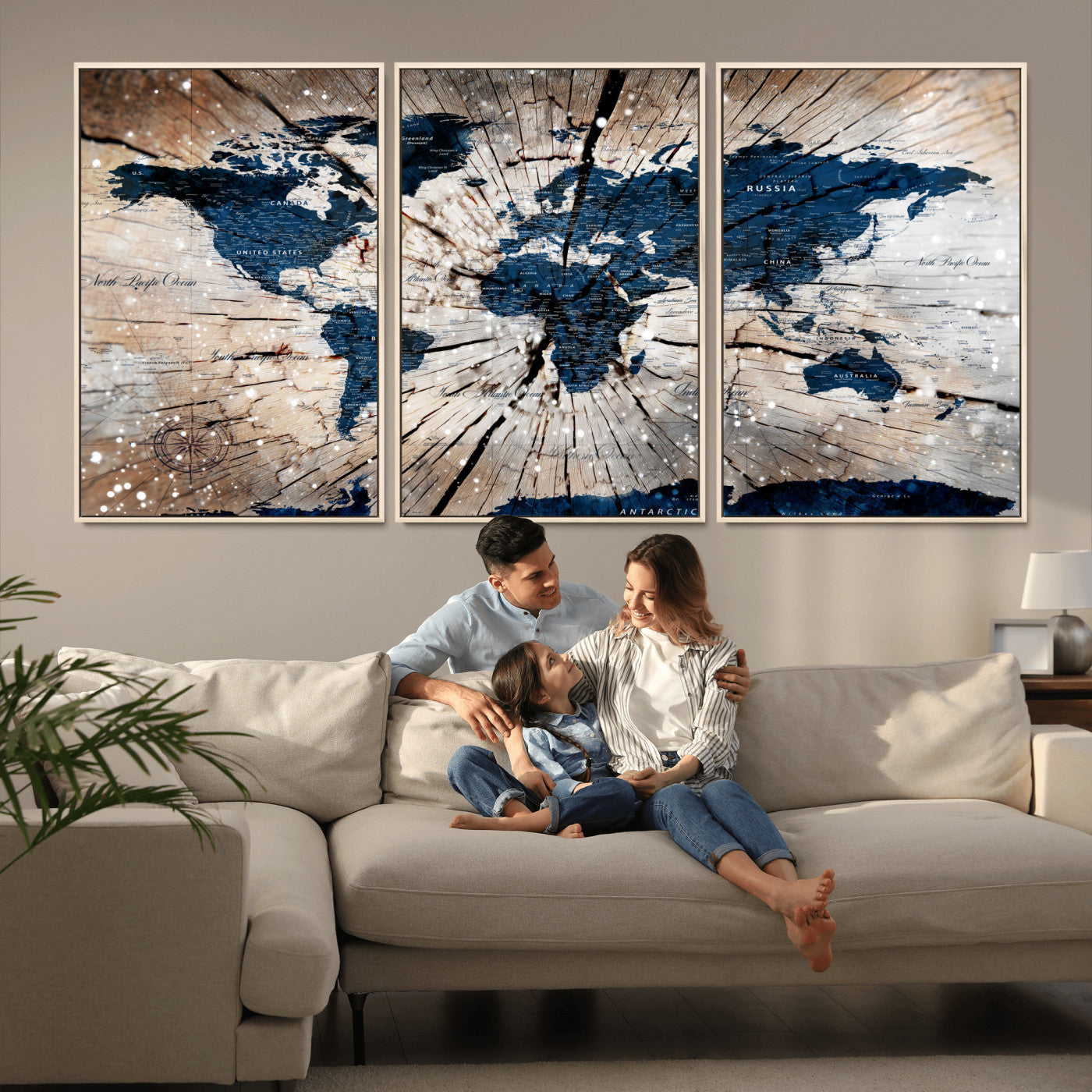 99001695-MGV-FC-60X30-3P - World Map Wall Art Canvas Print, Modern Decorative Framed Map Artwork Prints for Living Room, Office, Bedroom Wall Decor