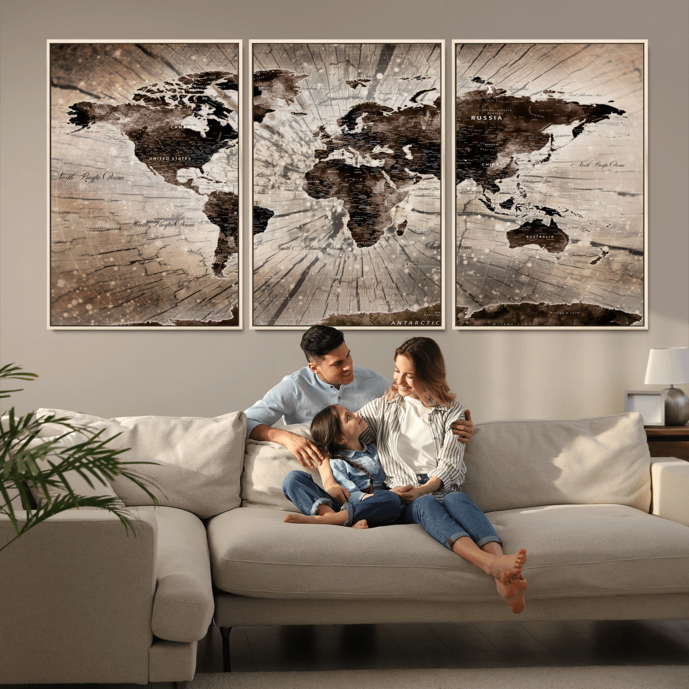 35326624-MGV-FC-60X30-3P - World Map Wall Art Canvas Print, Modern Decorative Framed Map Artwork Prints for Living Room, Office, Bedroom Wall Decor