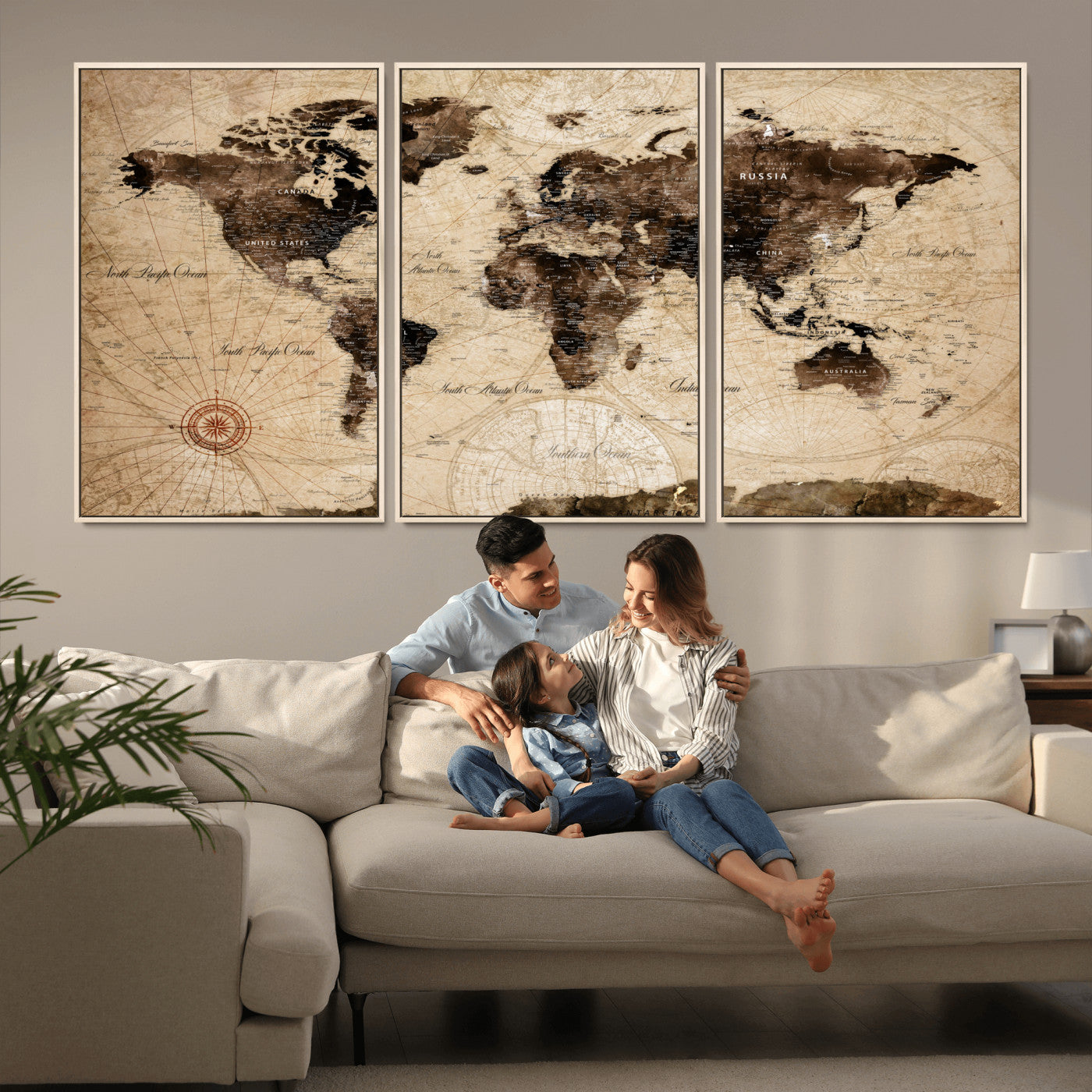 97114757-MGV-FC-60X30-3P - World Map Wall Art Canvas Print, Modern Decorative Framed Map Artwork Prints for Living Room, Office, Bedroom Wall Decor