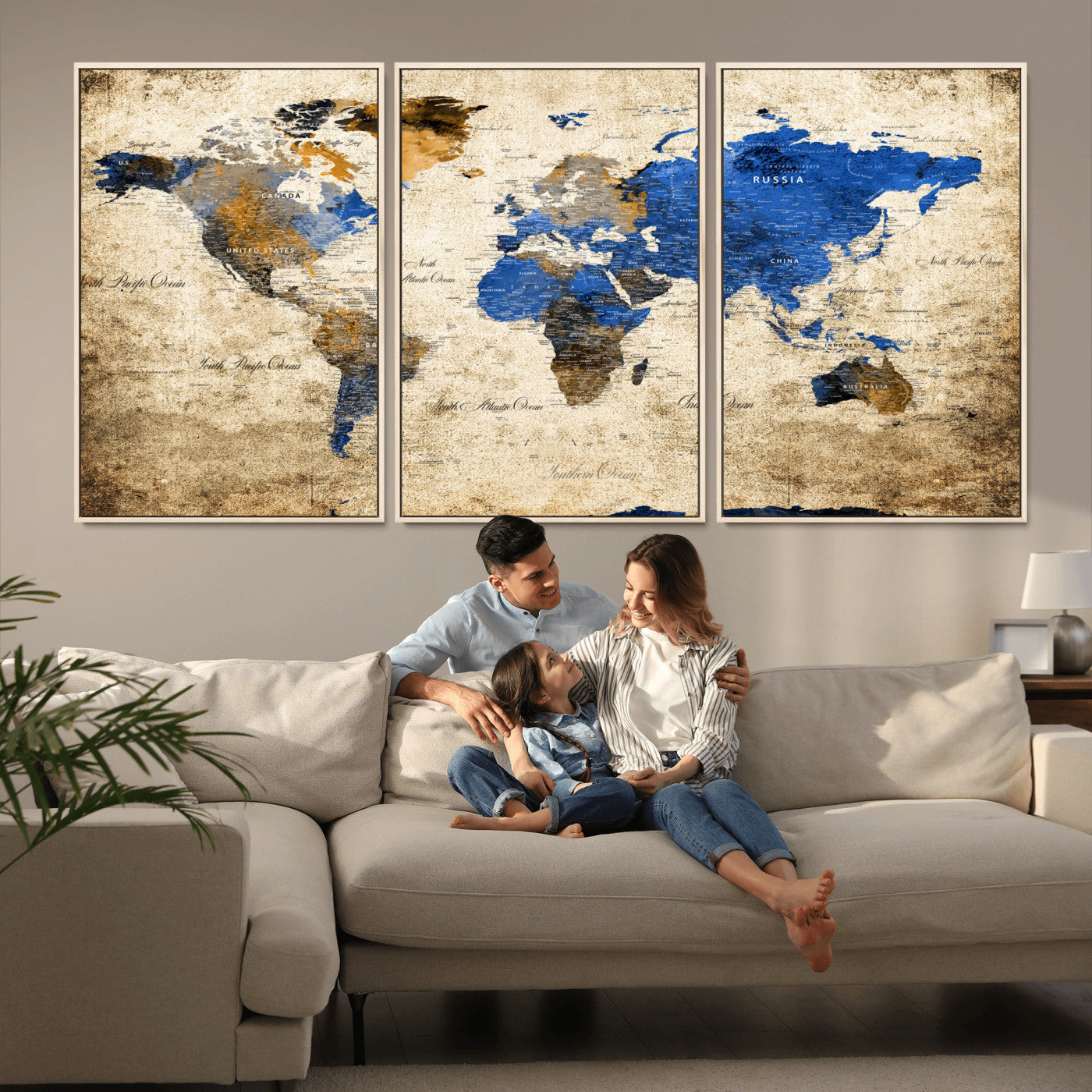 13564339-MGV-FC-60X30-3P - World Map Wall Art Canvas Print, Modern Decorative Framed Map Artwork Prints for Living Room, Office, Bedroom Wall Decor