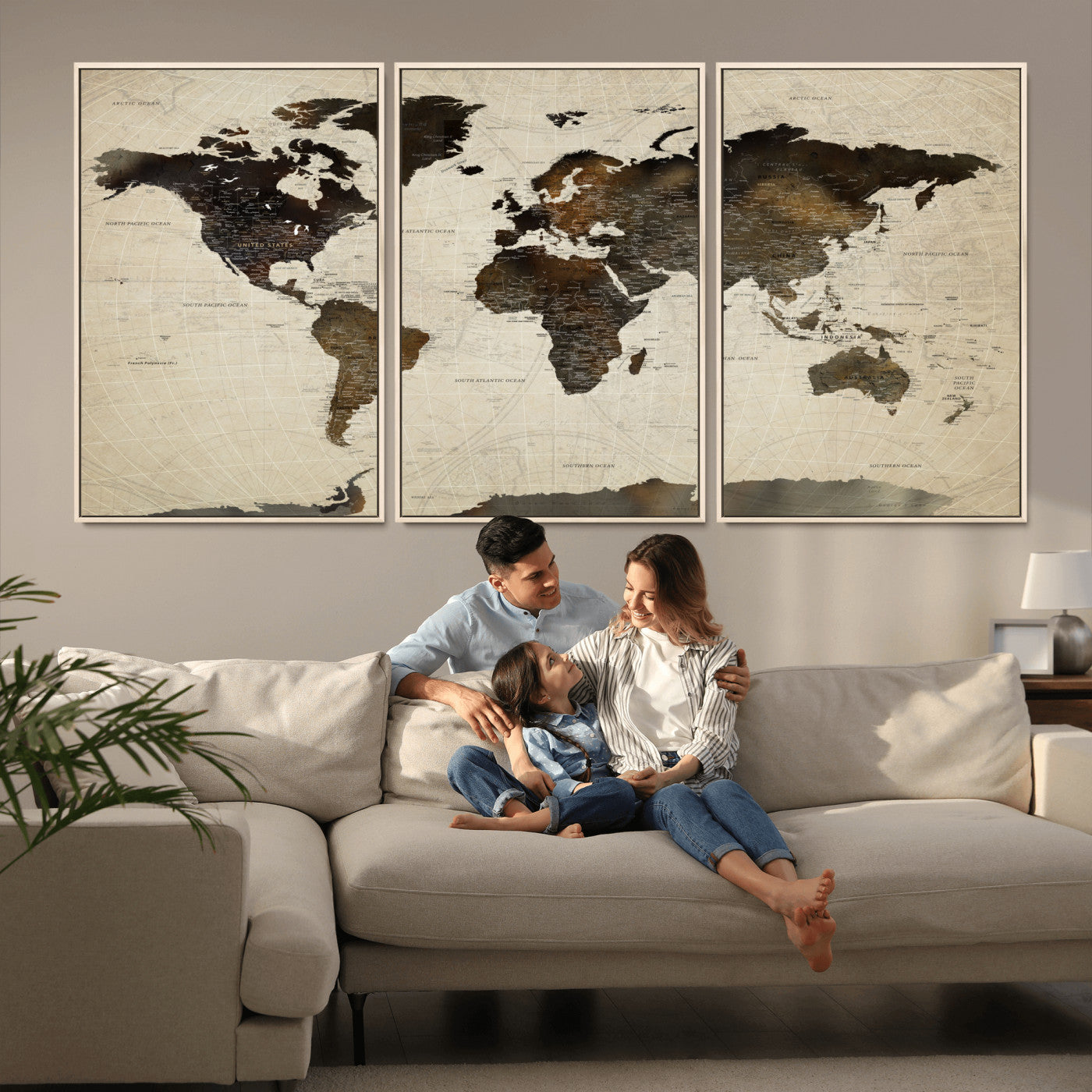 81771296-MGV-FC-60X30-3P - World Map Wall Art Canvas Print, Modern Decorative Framed Map Artwork Prints for Living Room, Office, Bedroom Wall Decor