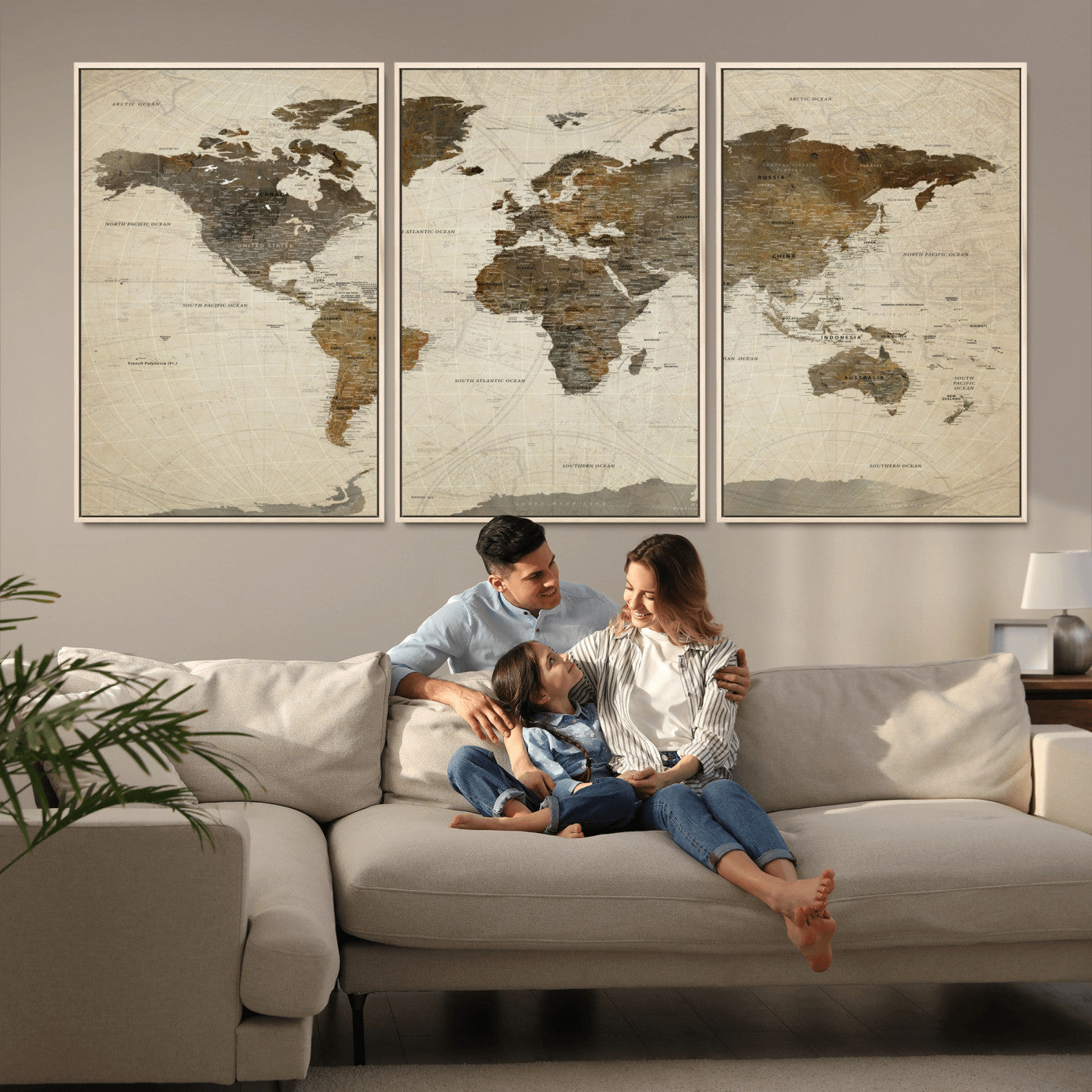 91849163-MGV-FC-60X30-3P - World Map Wall Art Canvas Print, Modern Decorative Framed Map Artwork Prints for Living Room, Office, Bedroom Wall Decor