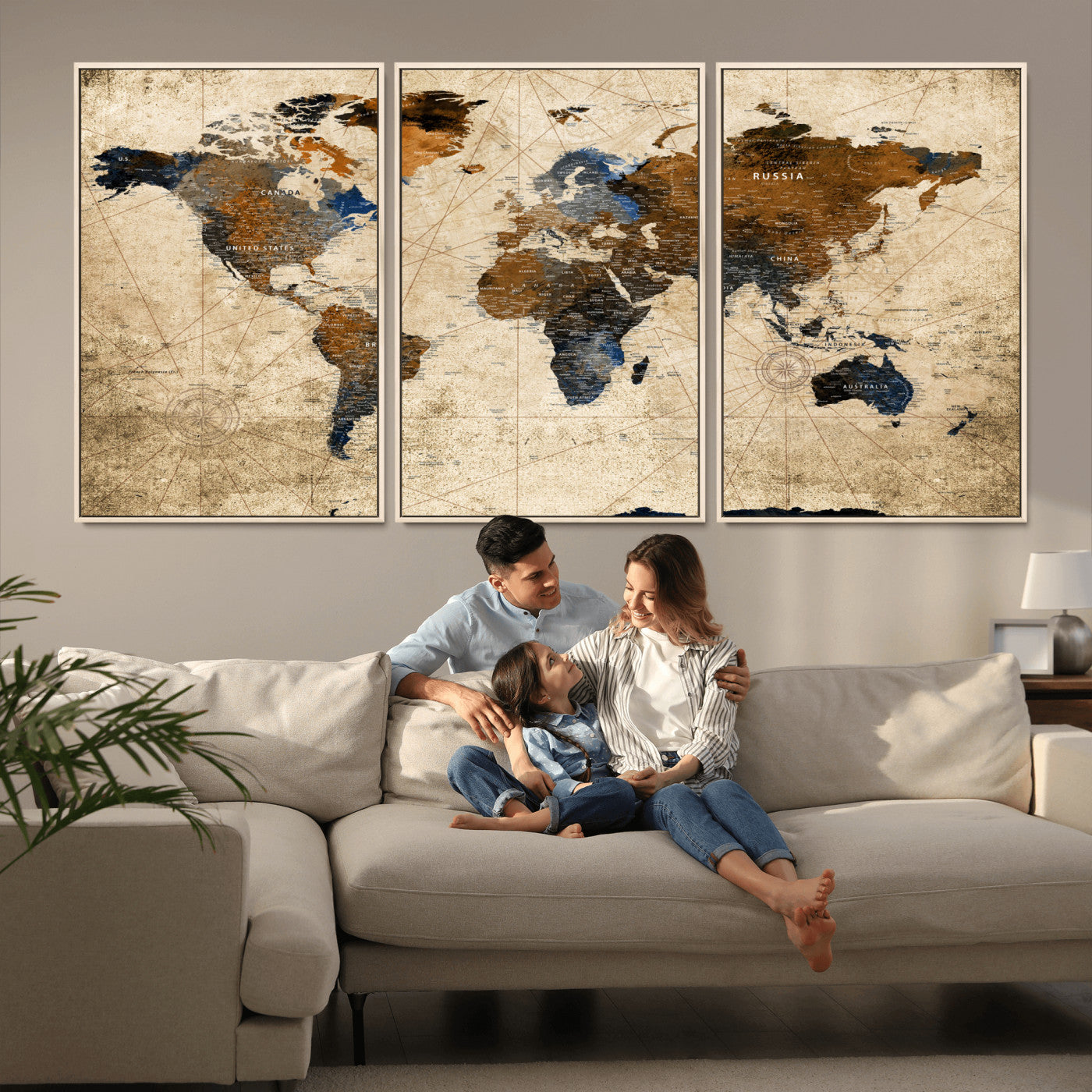 56297284-MGV-FC-60X30-3P - World Map Wall Art Canvas Print, Modern Decorative Framed Map Artwork Prints for Living Room, Office, Bedroom Wall Decor