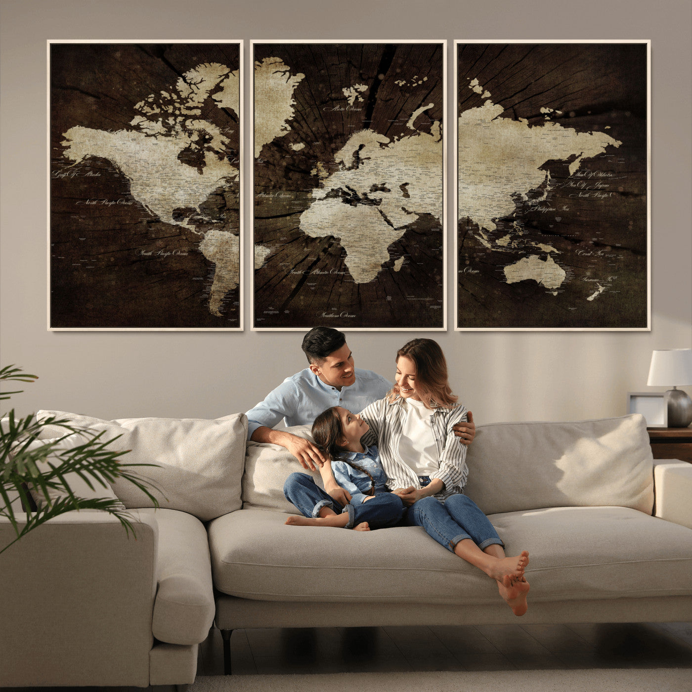 24010397-MGV-FC-60X30-3P - World Map Wall Art Canvas Print, Modern Decorative Framed Map Artwork Prints for Living Room, Office, Bedroom Wall Decor