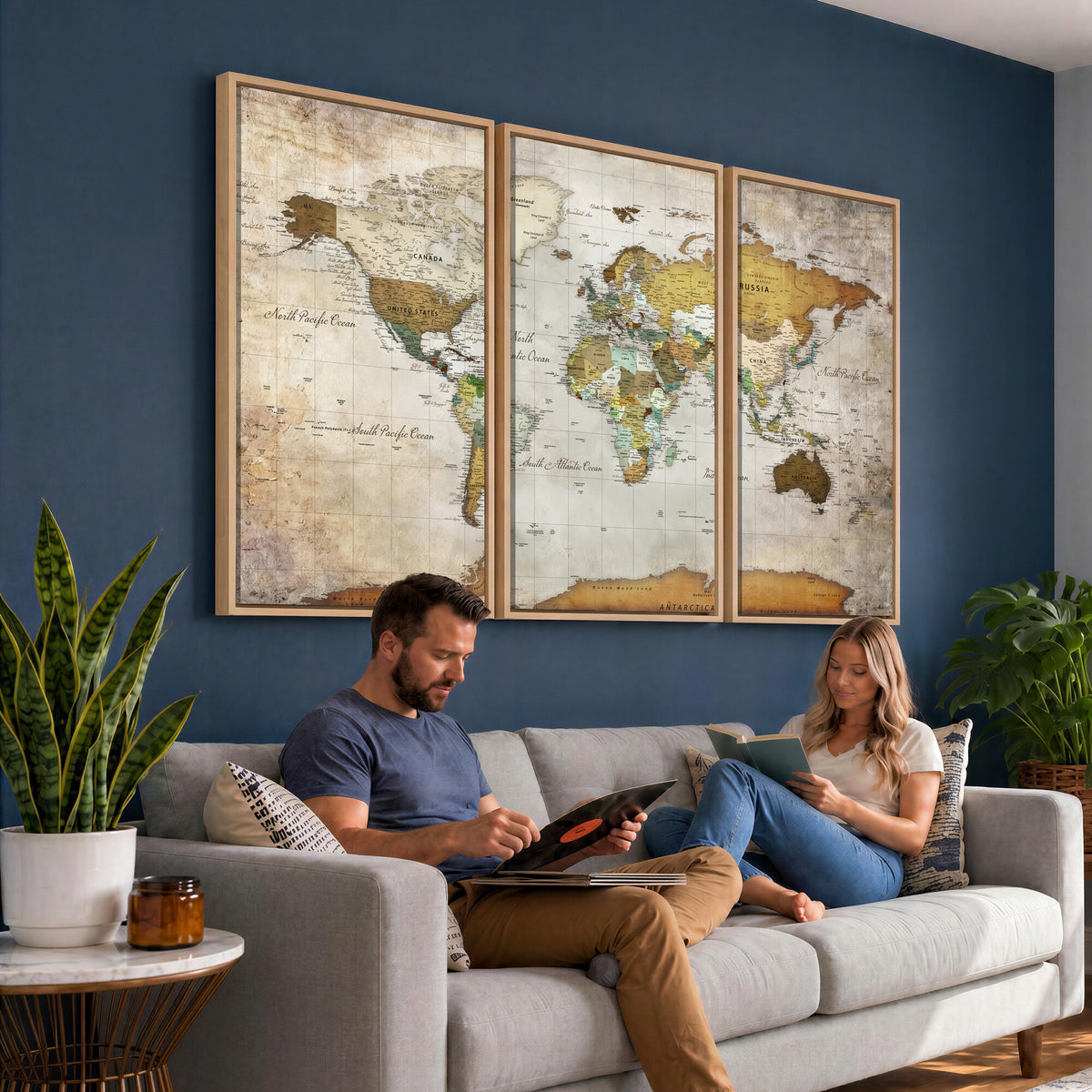 86108417-MGV-CV-36X24 - World Map Wall Art Canvas Print, Modern Decorative Framed Map Artwork Prints for Living Room, Office, Bedroom Wall Decor
