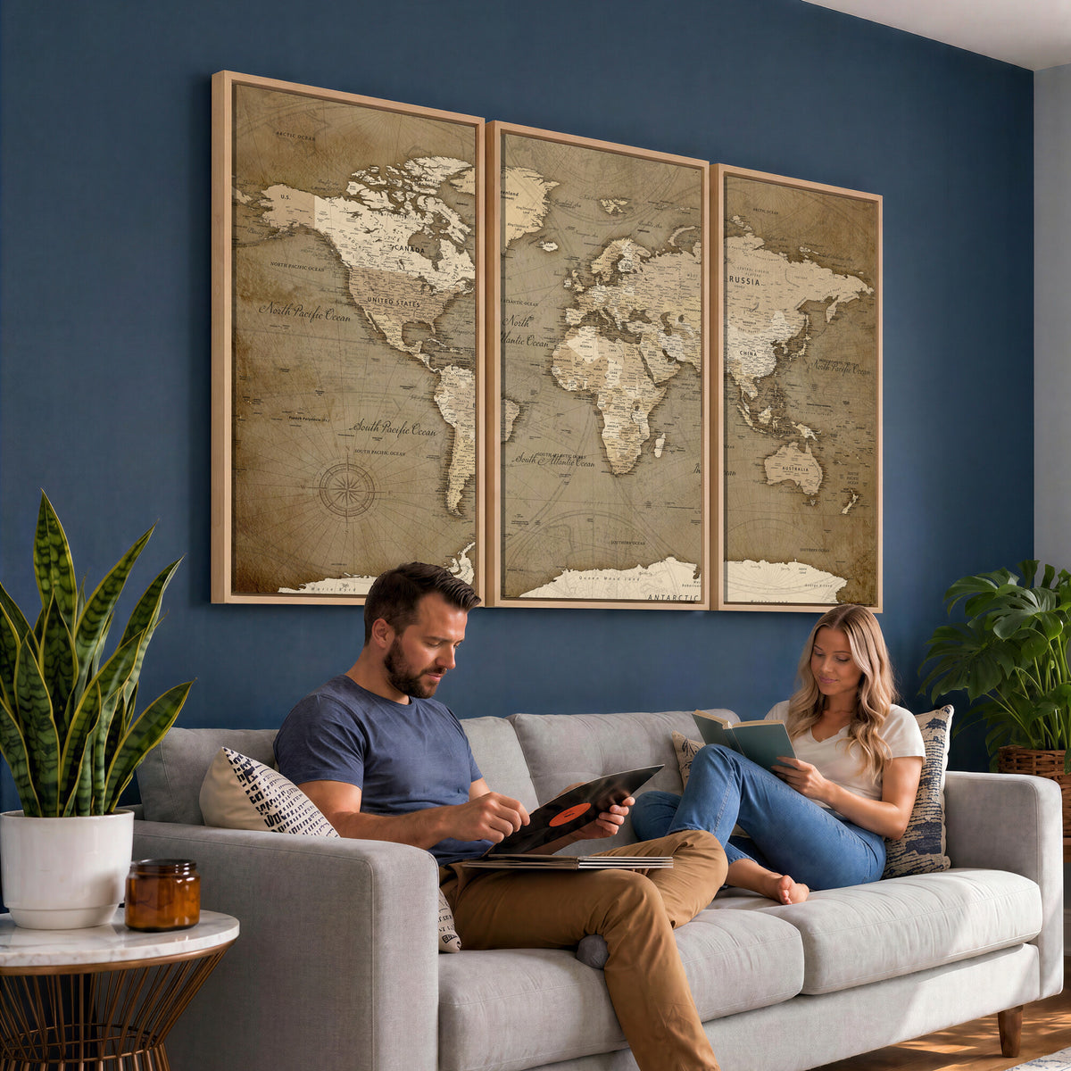 82314635-MGV-CV-36X24 - World Map Wall Art Canvas Print, Modern Decorative Framed Map Artwork Prints for Living Room, Office, Bedroom Wall Decor
