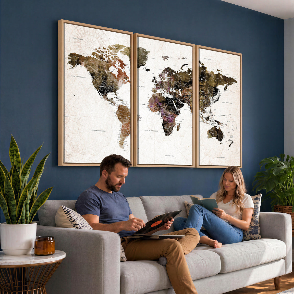 77651968-MGV-CV-36X24 - Watercolor World Map Print - Large Wall Art Canvas Print for