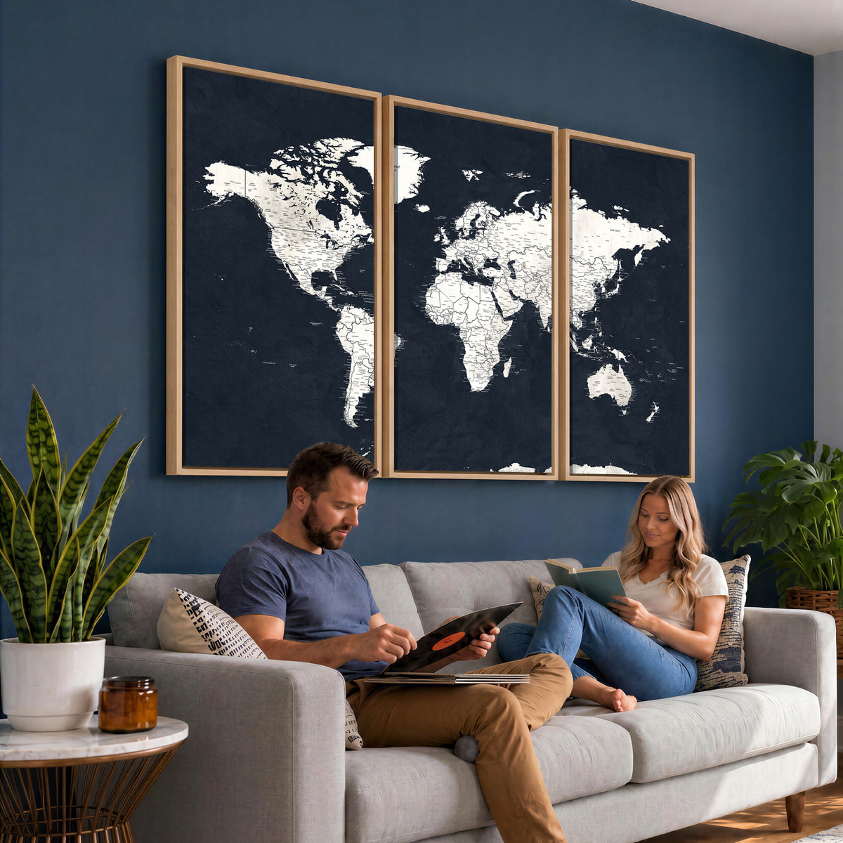 11963807-MGV-CV-36X24 - Black World Map Wall Art Canvas Print for Home Office and Meeting Room Decor