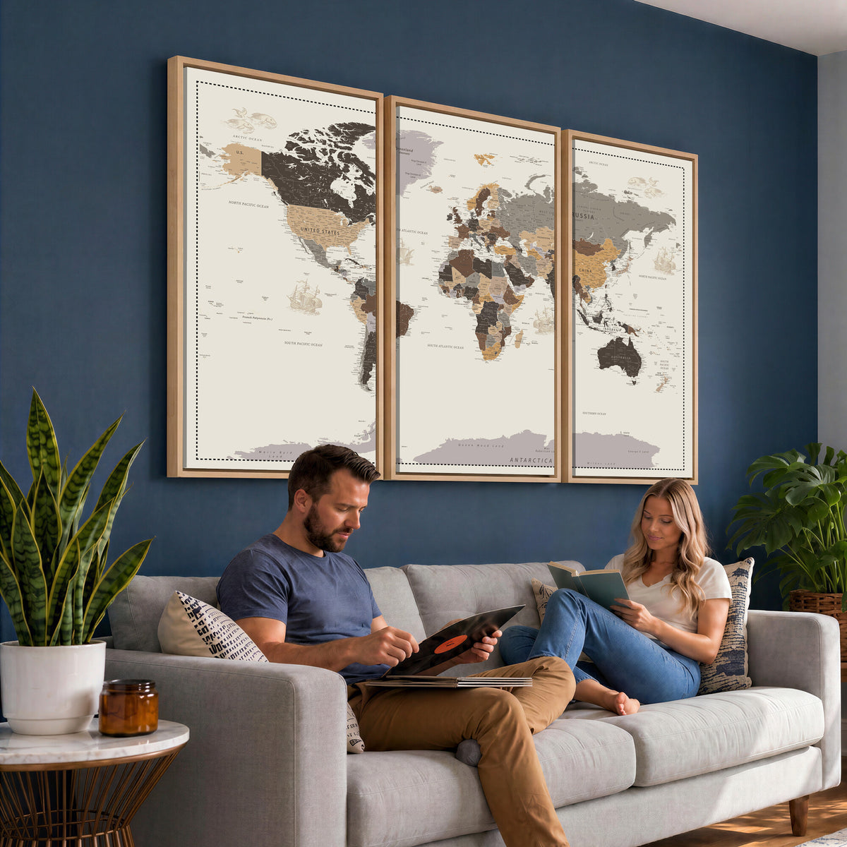 58777746-MGV-CV-36X24 - Custom Beige Modern Push Pin World Map Canvas Print, Places Visited Tracker, Bedroom and Study Decor