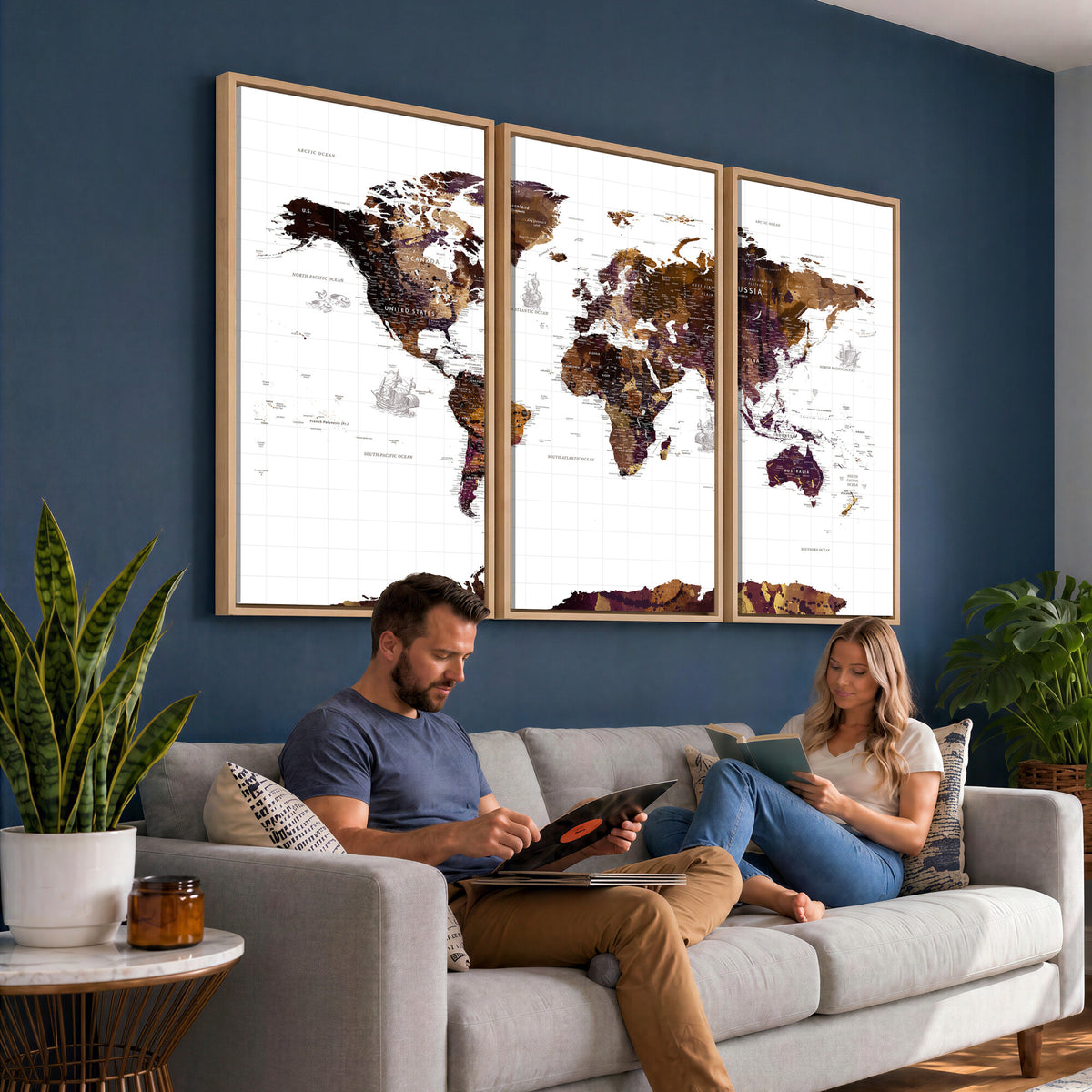 34792695-MGV-CV-36X24 - Rustic World Map Wall Art Canvas Print | Large Vintage Blue World Map on Wood Grain Style Background