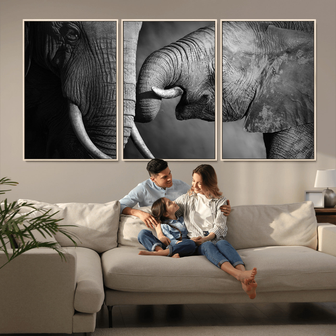 42691-MGV-CV-36X24-Elephant Family Wall Art Canvas, Framed Elephant Family Canvas Print