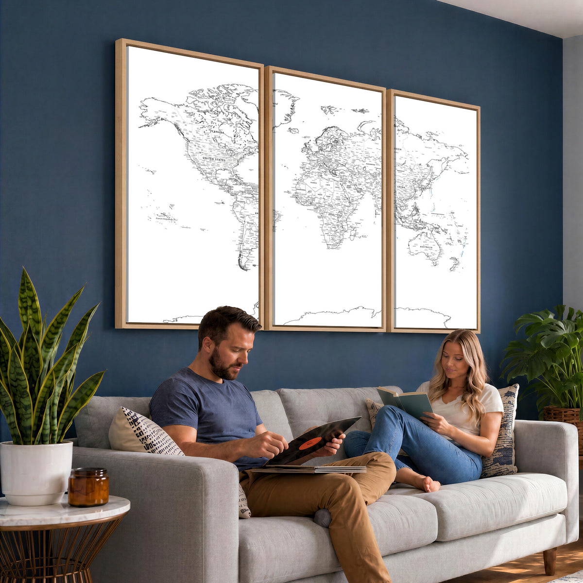 21002736-MGV-CV-36X24 - World Map Canvas Print, Framed Modern Detailed Map of the World for Home or Office