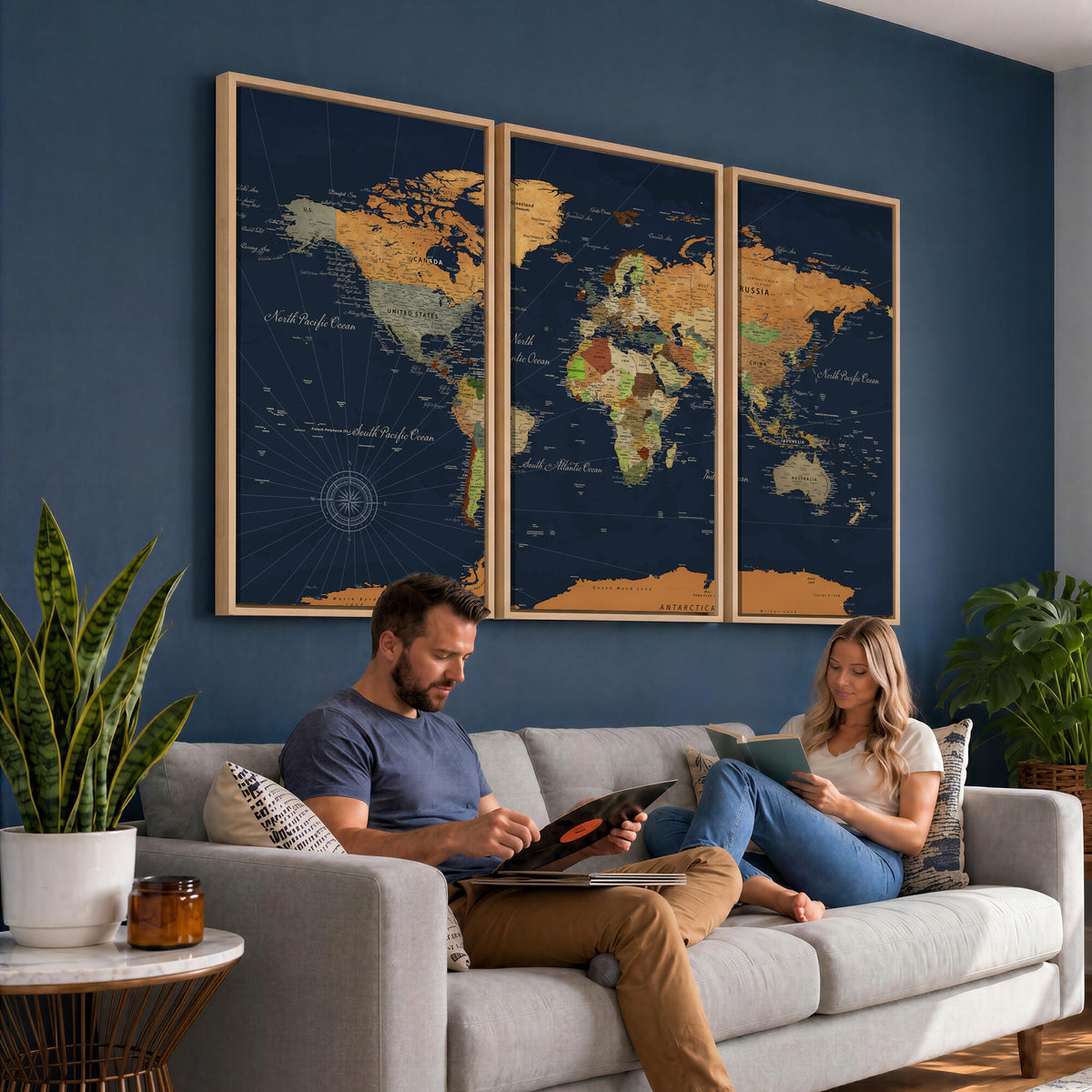 11715182-MGV-CV-36X24 - Modern World Map Canvas Print, Framed Detailed Map of the World Wall Art