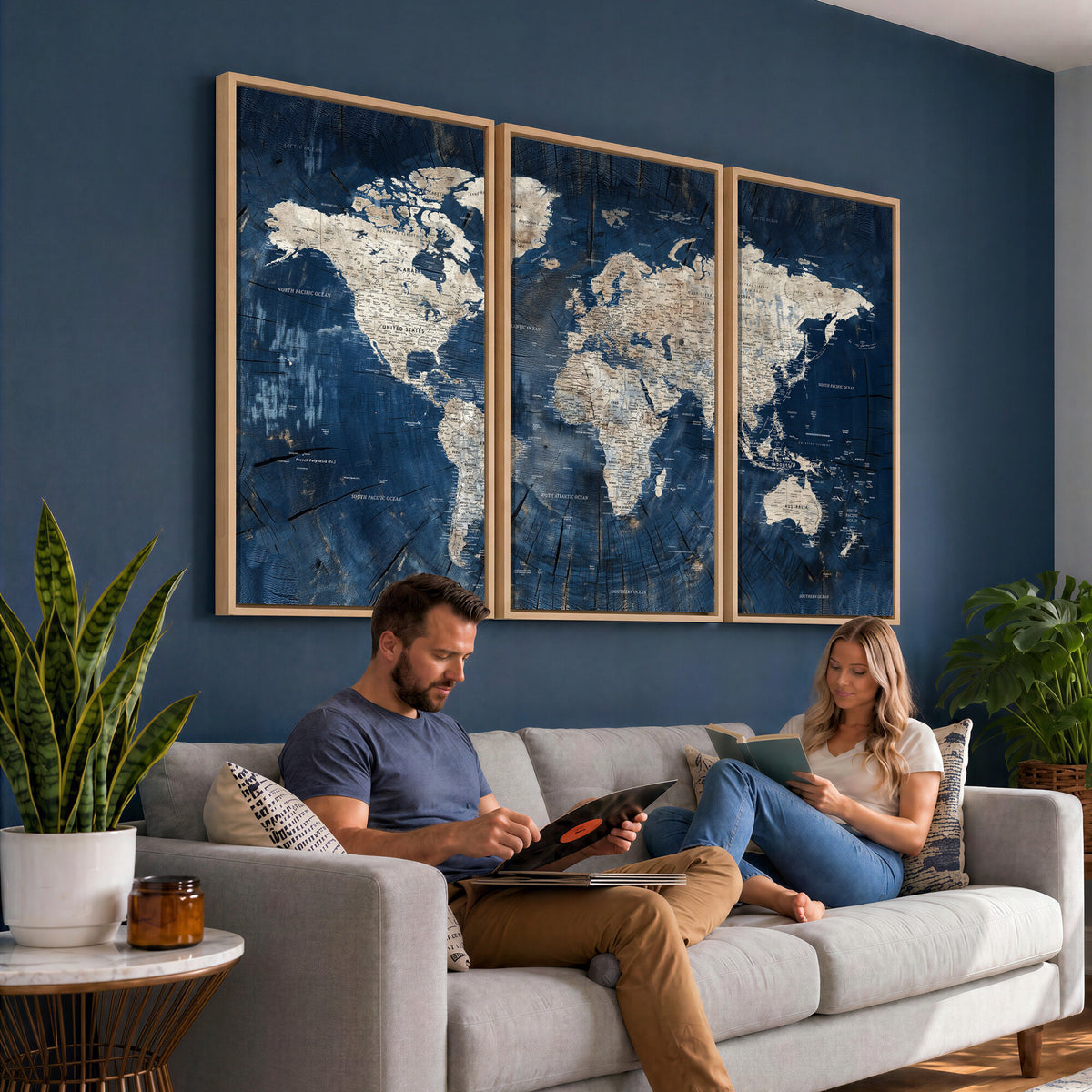 56126010-MGV-CV-36X24 - Large Blue World Map Wall Art Canvas Print for Home Office