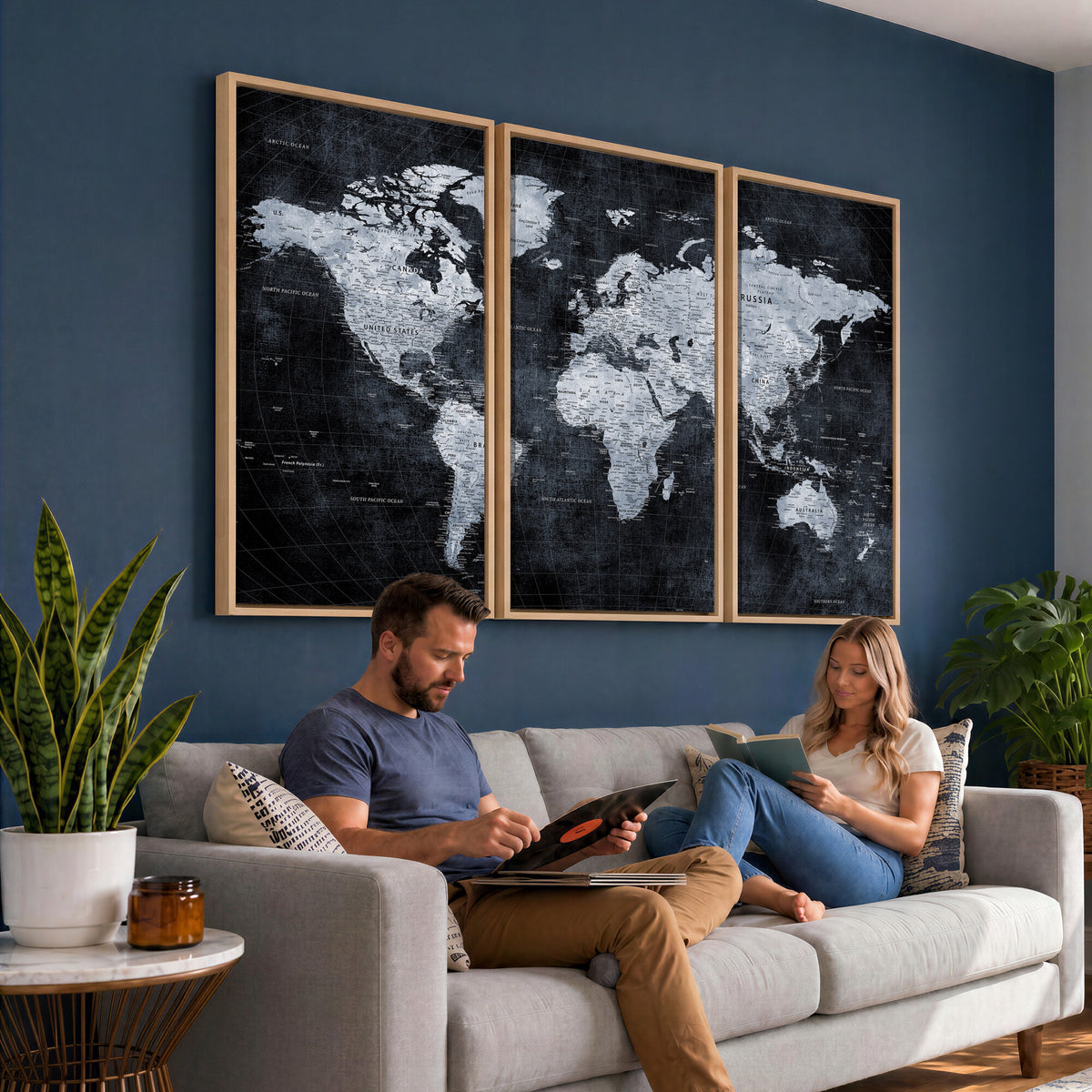 86893704-MGV-CV-36X24 - Black World Map Canvas Print | Detailed Map for Couples and Anniversary Gift
