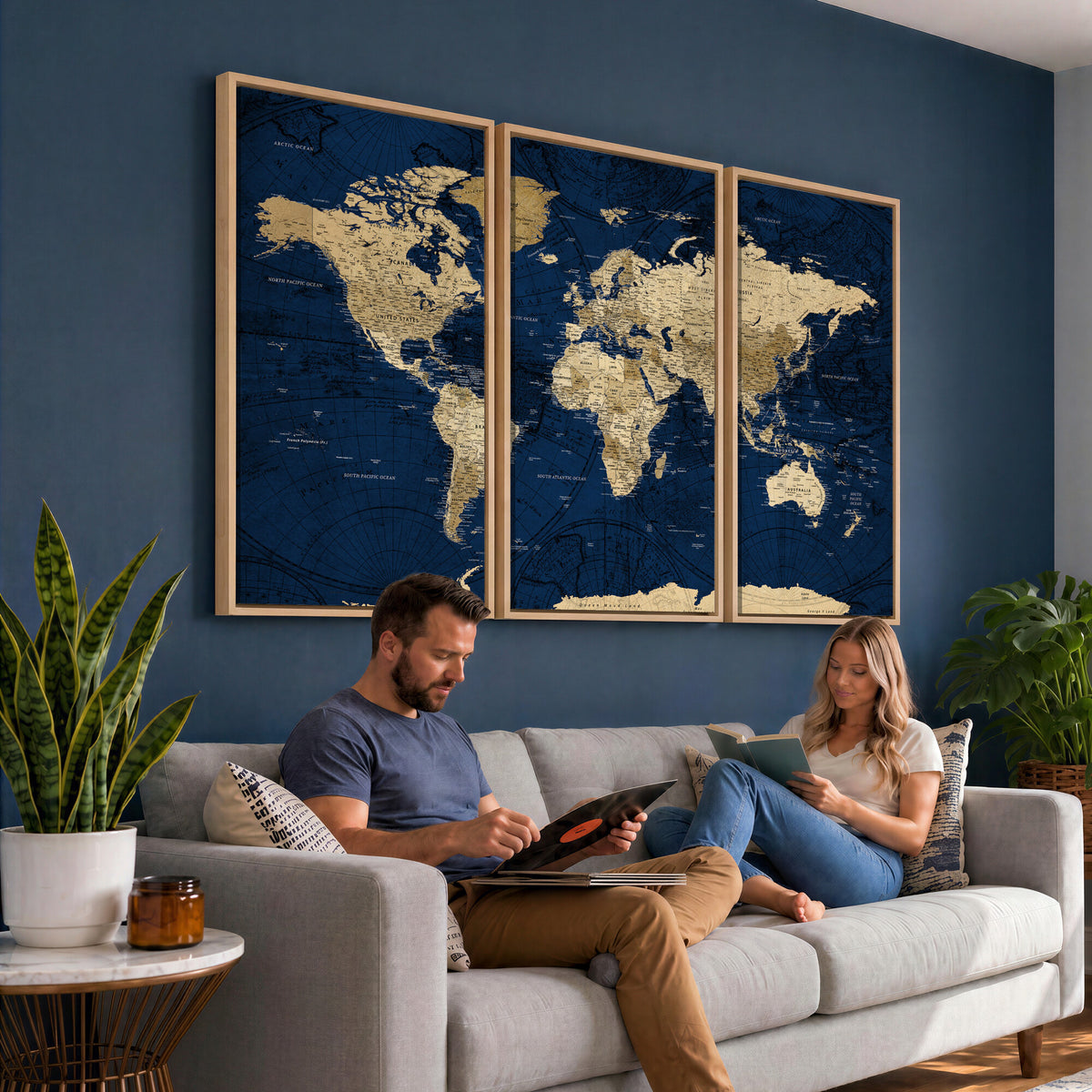 54770746-MGV-CV-36X24 - Navy Blue World Map Canvas Print – Detailed Map Minimal Navy