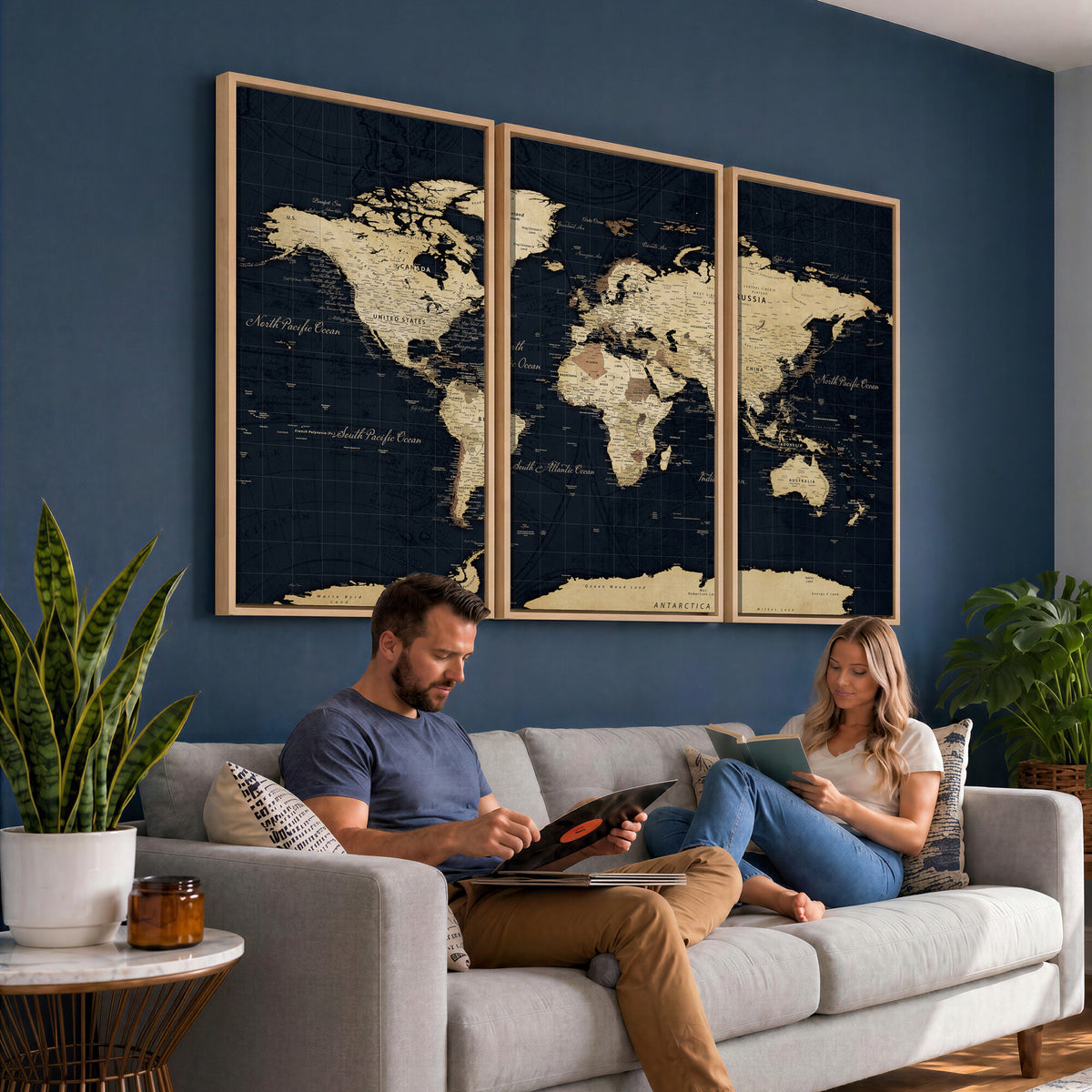 45063434-MGV-CV-36X24 - Dark World Map Canvas Wall Art Print, Minimal Black and Gold Map