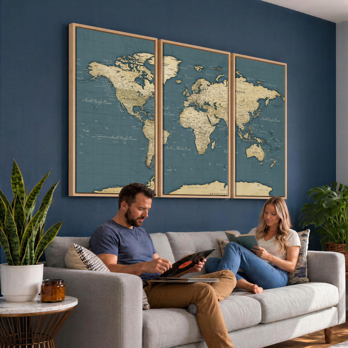 99599383-MGV-CV-36X24 - Minimal Vintage World Map Canvas Wall Art Print, Neutral