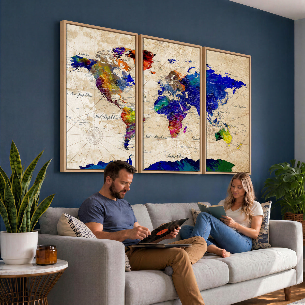 26284075-MGV-CV-36X24 - World Map Wall Art Canvas Print, Modern Decorative Framed Map Artwork Prints for Living Room, Office, Bedroom Wall Decor