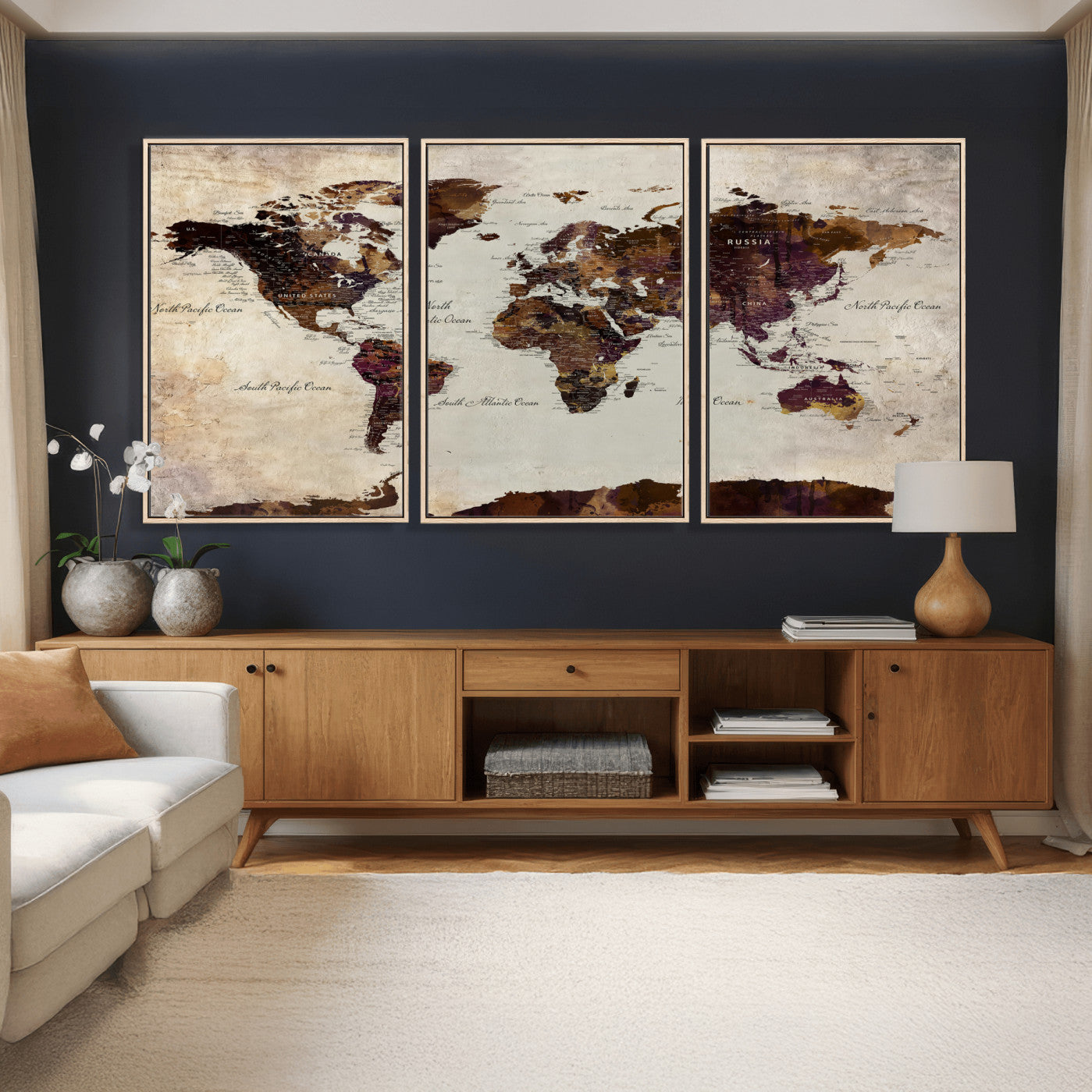 50611123-MGV-CV-36X24 - World Map Canvas Triptych – Colorful Global Wall Art for Living Rooms, Offices, and Study Spaces