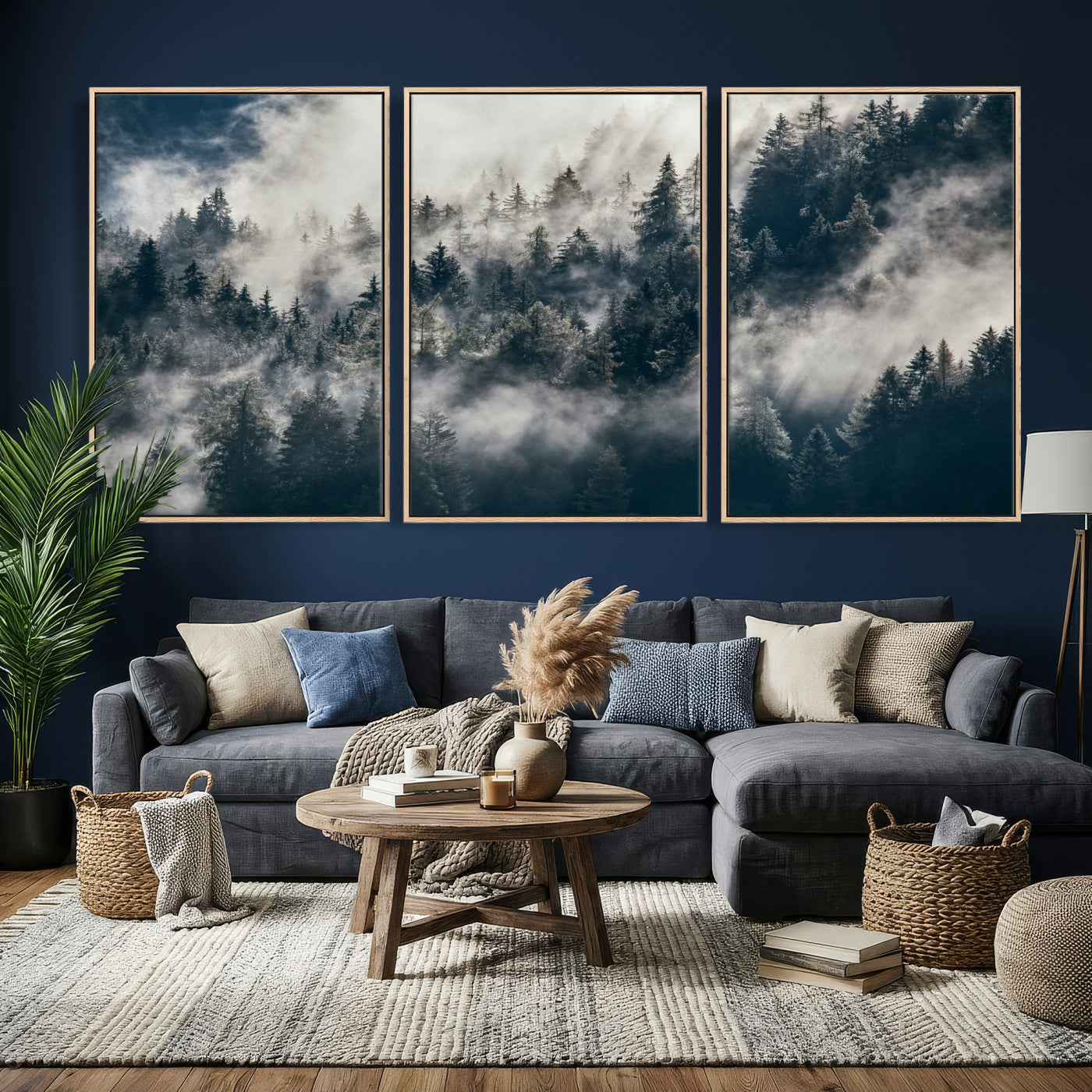 63405824-MGV-CV-36X24 - Foggy Mountain Forest Canvas Print, Misty Pine Trees Nature Wall Art, Framed Canvas Ready to Hang