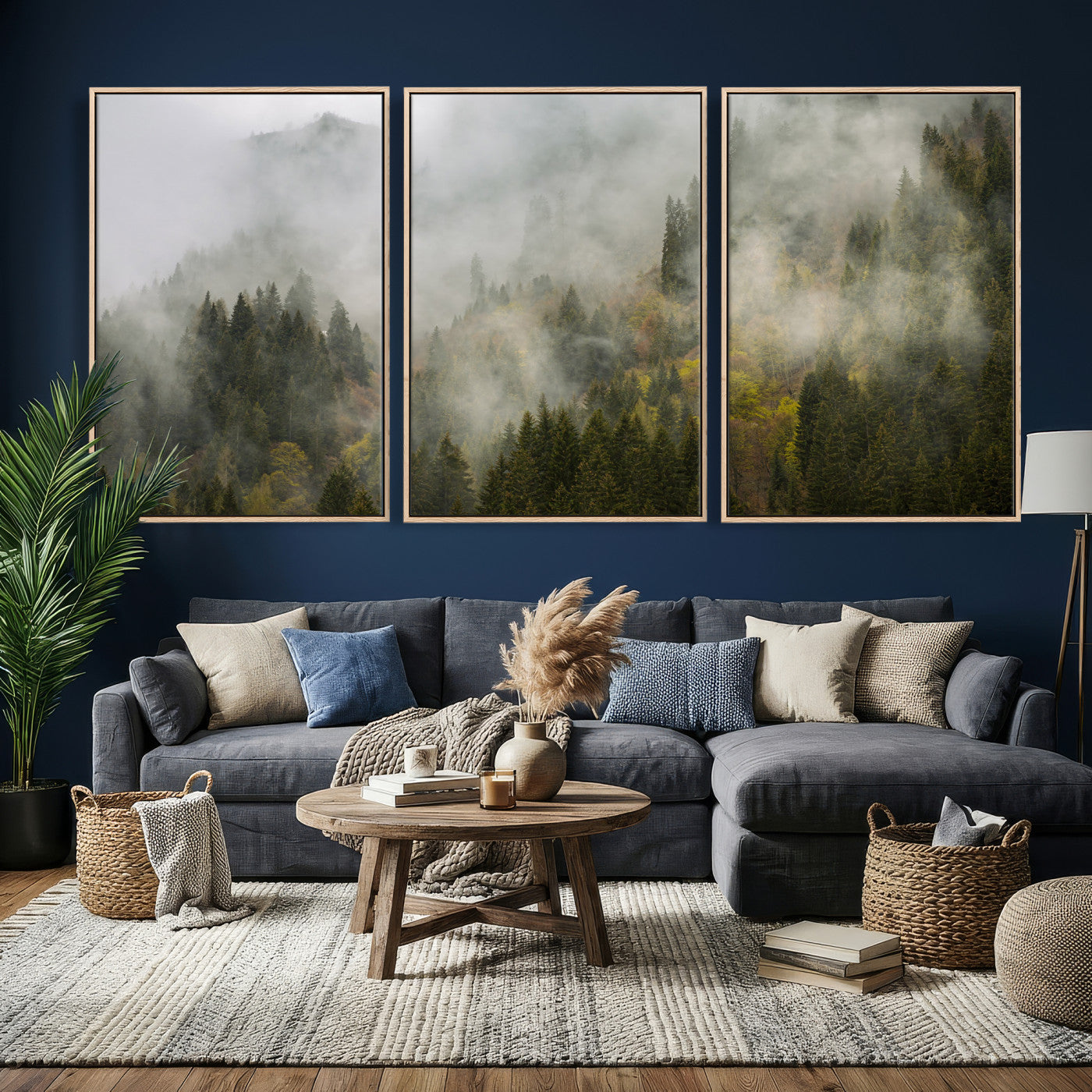 31152954-MGV-CV-36X24 - Misty Mountain Forest Canvas Print, Foggy Pine Trees Nature Wall Art, Framed Canvas Ready to Hang
