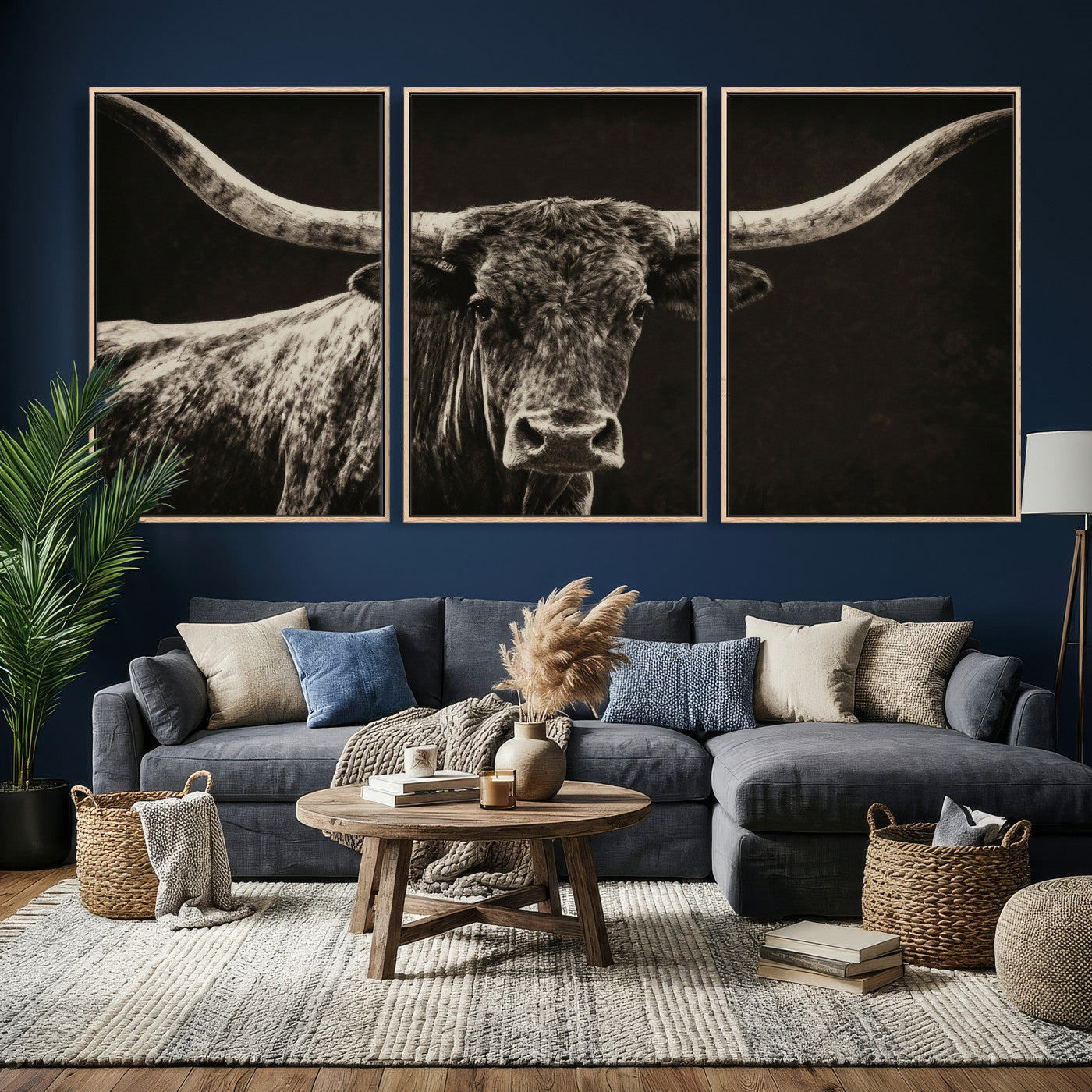 74513721-MGV-CV-36X24 - Vintage Texas Longhorn Bull Wall Art Canvas Print, Cow Portrait Photography Print, Framed Wall Art Ready to Hang