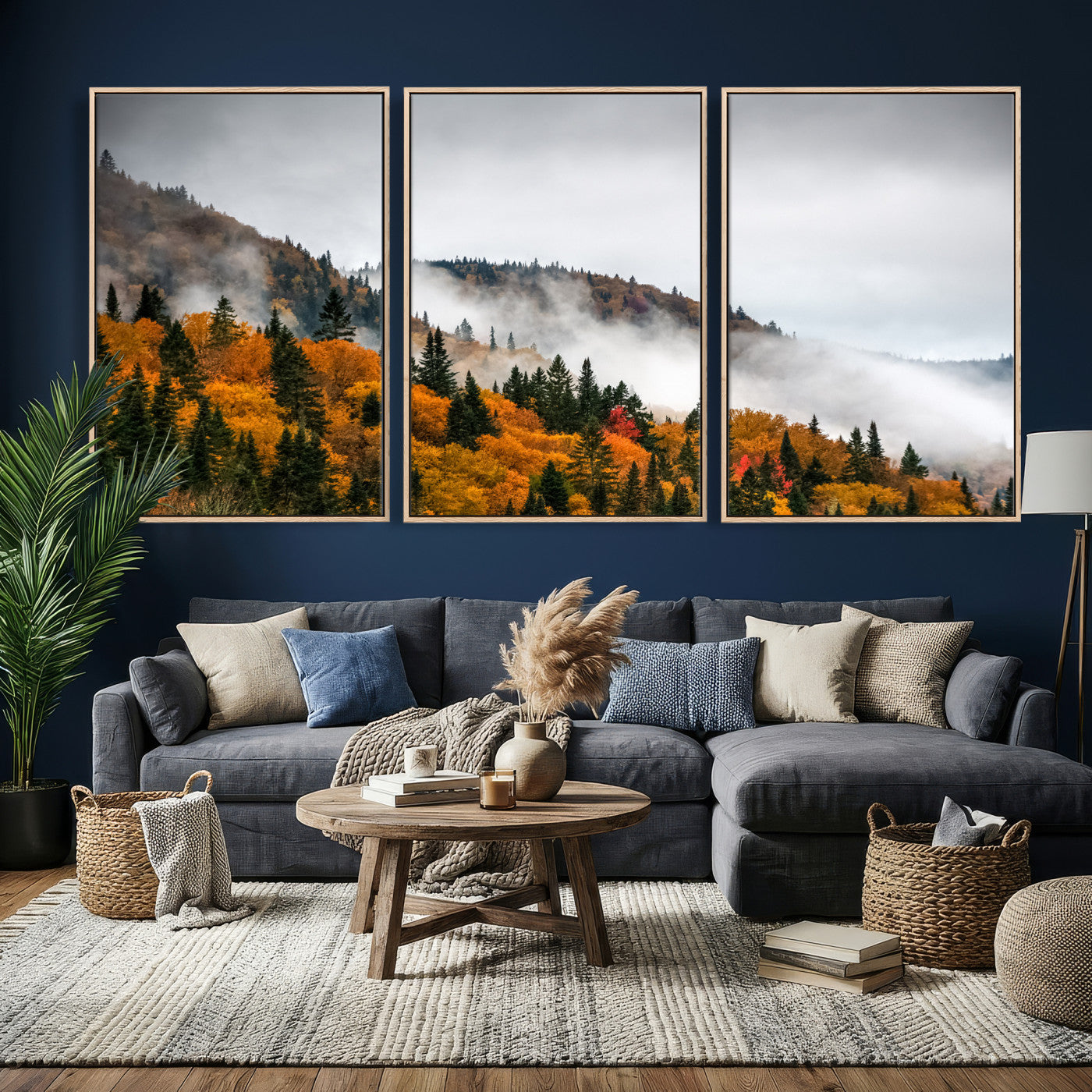 93581632-MGV-CV-36X24 - Autumn Forest Wall Art Canvas Print, Foggy Mountain Landscape Nature Photography, Framed Wall Art Ready to Hang