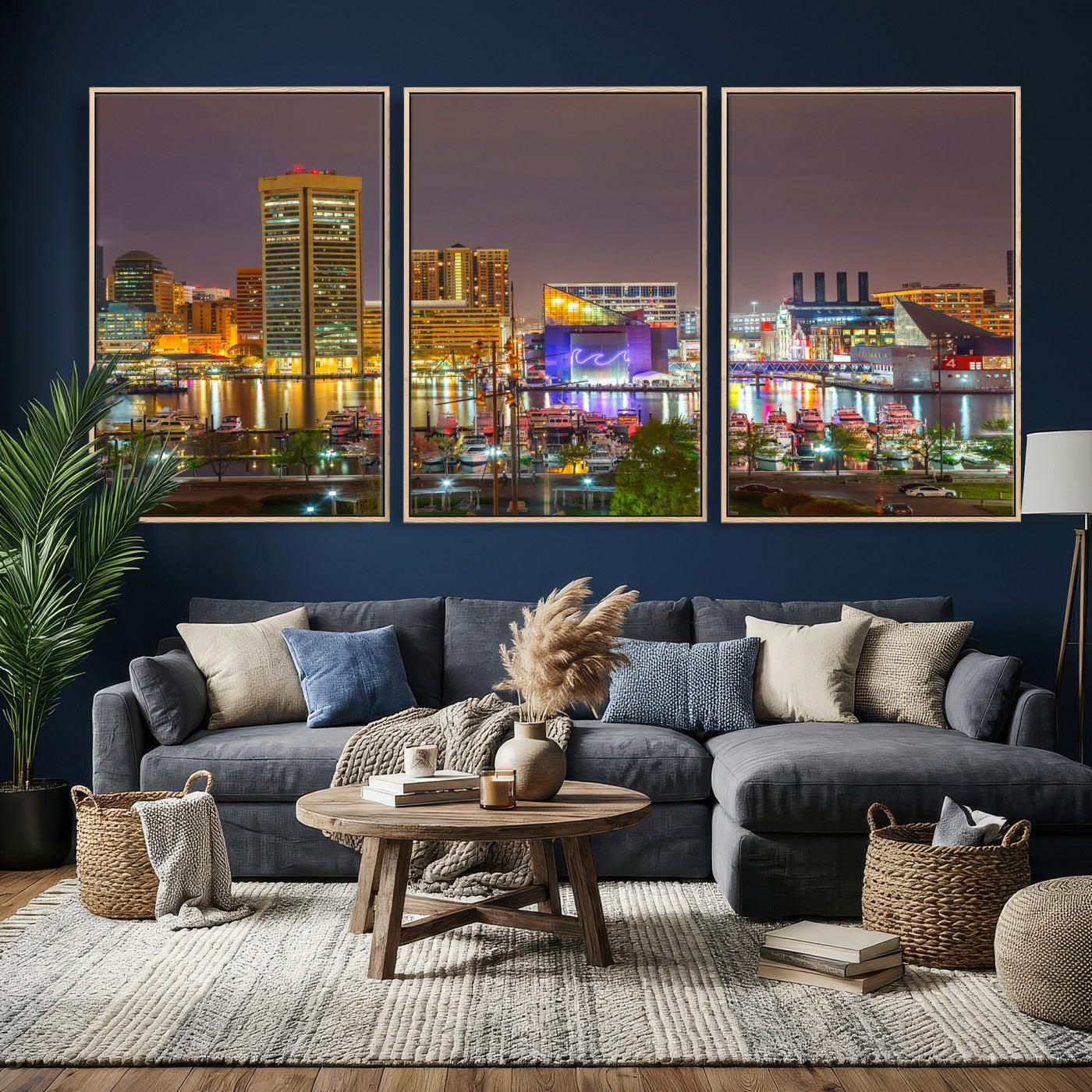 42654823-MGV-CV-36X24 - Baltimore Skyline Wall Art Canvas Print, Baltimore Downtown Night Cityscape Print for Modern Urban Wall Decor