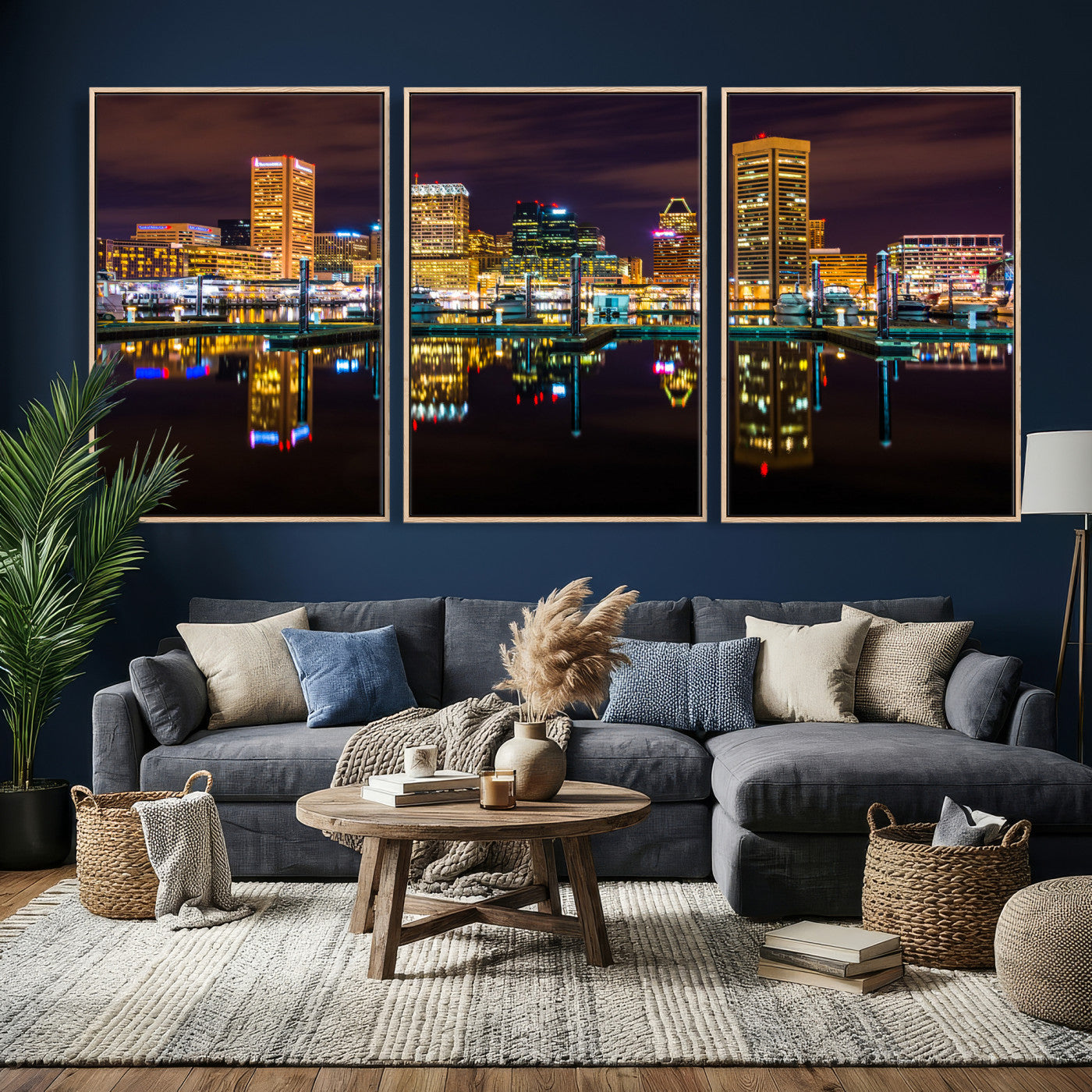 38201692-MGV-CV-36X24 - Baltimore Skyline Wall Art Canvas Print, Baltimore Downtown Night Cityscape Print for Modern Urban Wall Decor