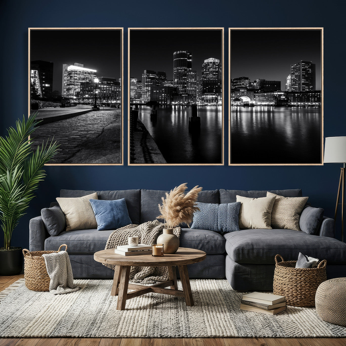 53082656-MGV-CV-36X24 - Boston Wall Art Canvas Print, Boston City Downtown Night Cityscape Print for Modern Urban Wall Decor