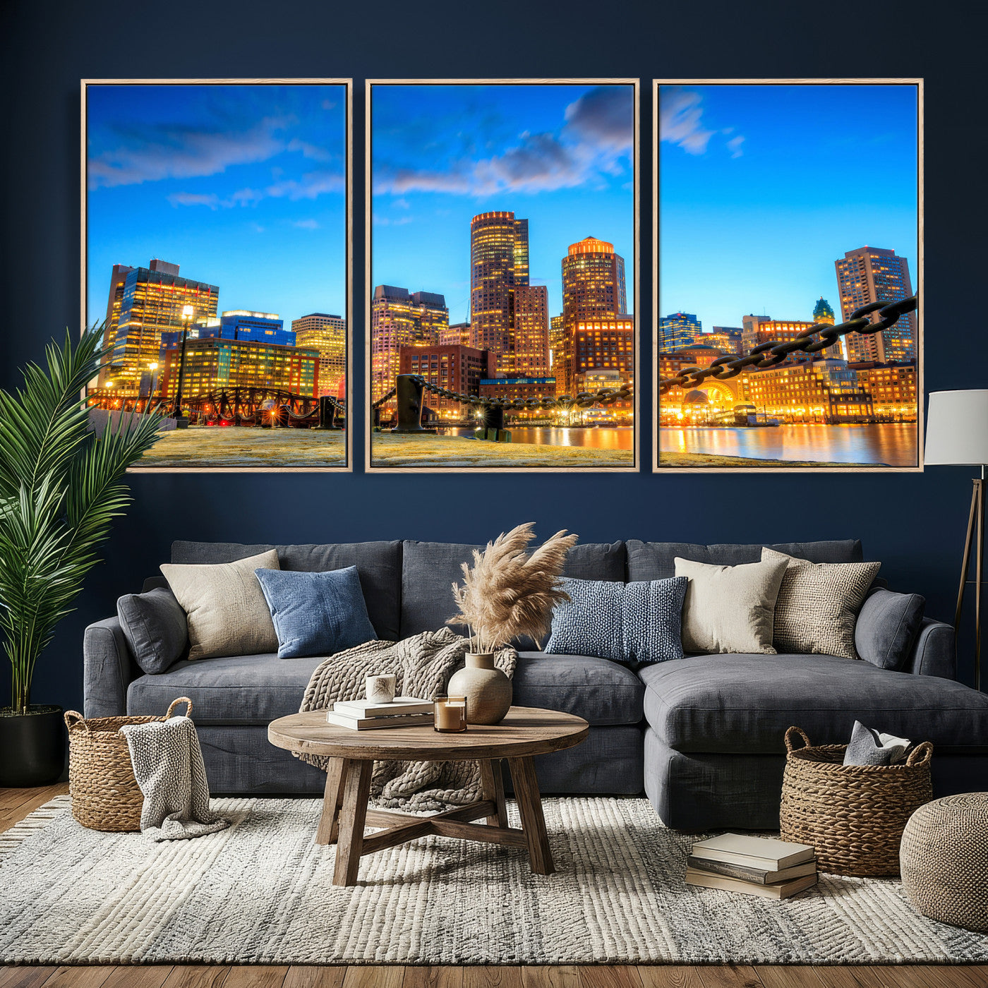 46736409-MGV-CV-36X24 - Boston Wall Art Canvas Print, Boston City Downtown Night Cityscape Print for Modern Urban Wall Decor