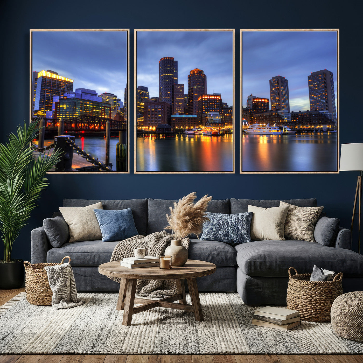 74951698-MGV-CV-60X30-3P - Boston Wall Art Canvas Print, Boston City Downtown Night Cityscape Print for Modern Urban Wall Decor