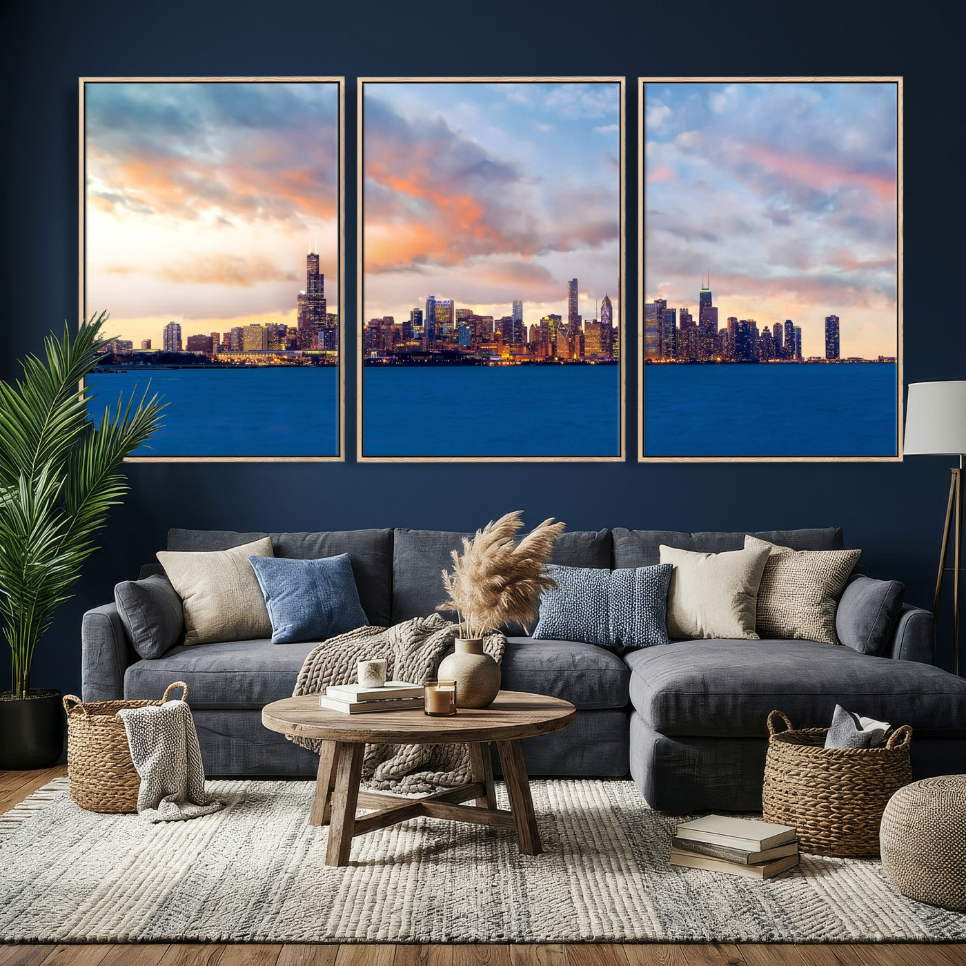 34667960-MGV-CV-36X24 - Chicago Wall Art Canvas Print, Chicago City Downtown Night Cityscape Print for Modern Urban Wall Decor