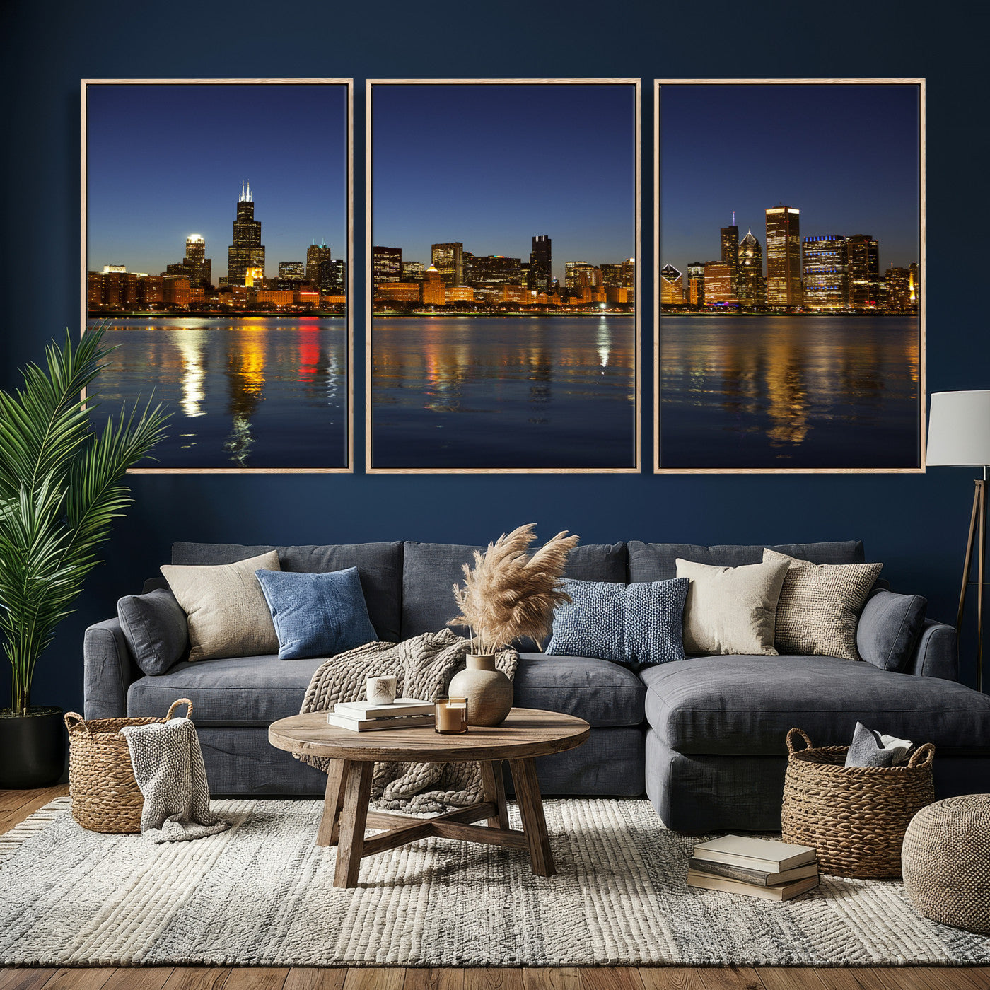 67308035-MGV-CV-36X24 - Chicago Wall Art Canvas Print, Chicago City Downtown Night Cityscape Print for Modern Urban Wall Decor