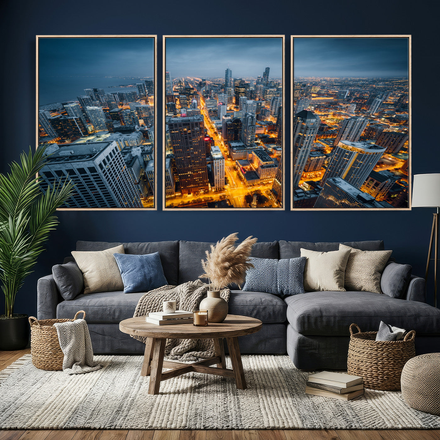 81742538-MGV-CV-36X24 - Chicago Wall Art Canvas Print, Chicago City Downtown Night Cityscape Print for Modern Urban Wall Decor