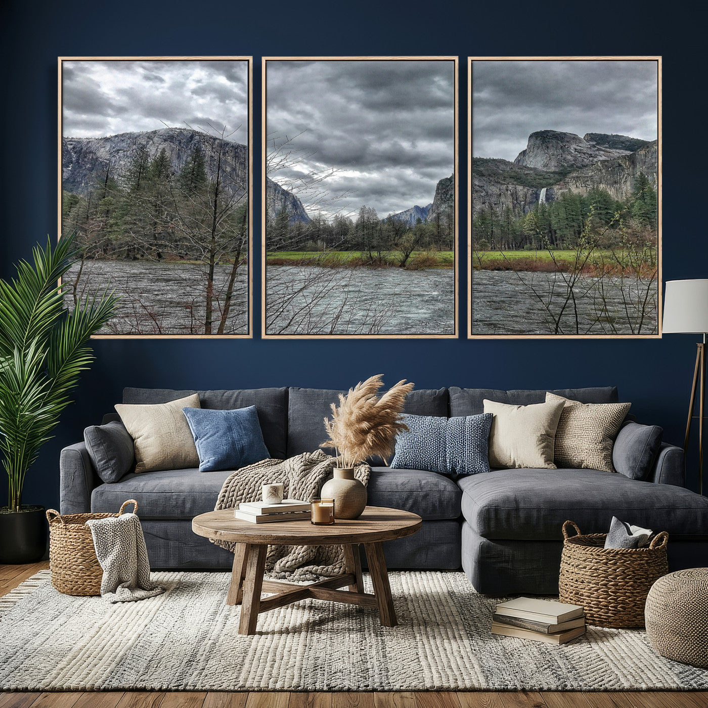 75582552-MGV-CV-36X24 - Yosemite Valley River Landscape Wall Art Canvas Print, Granite Cliffs Forest River Canvas Print, California National Park Moody Scenic Art Printi