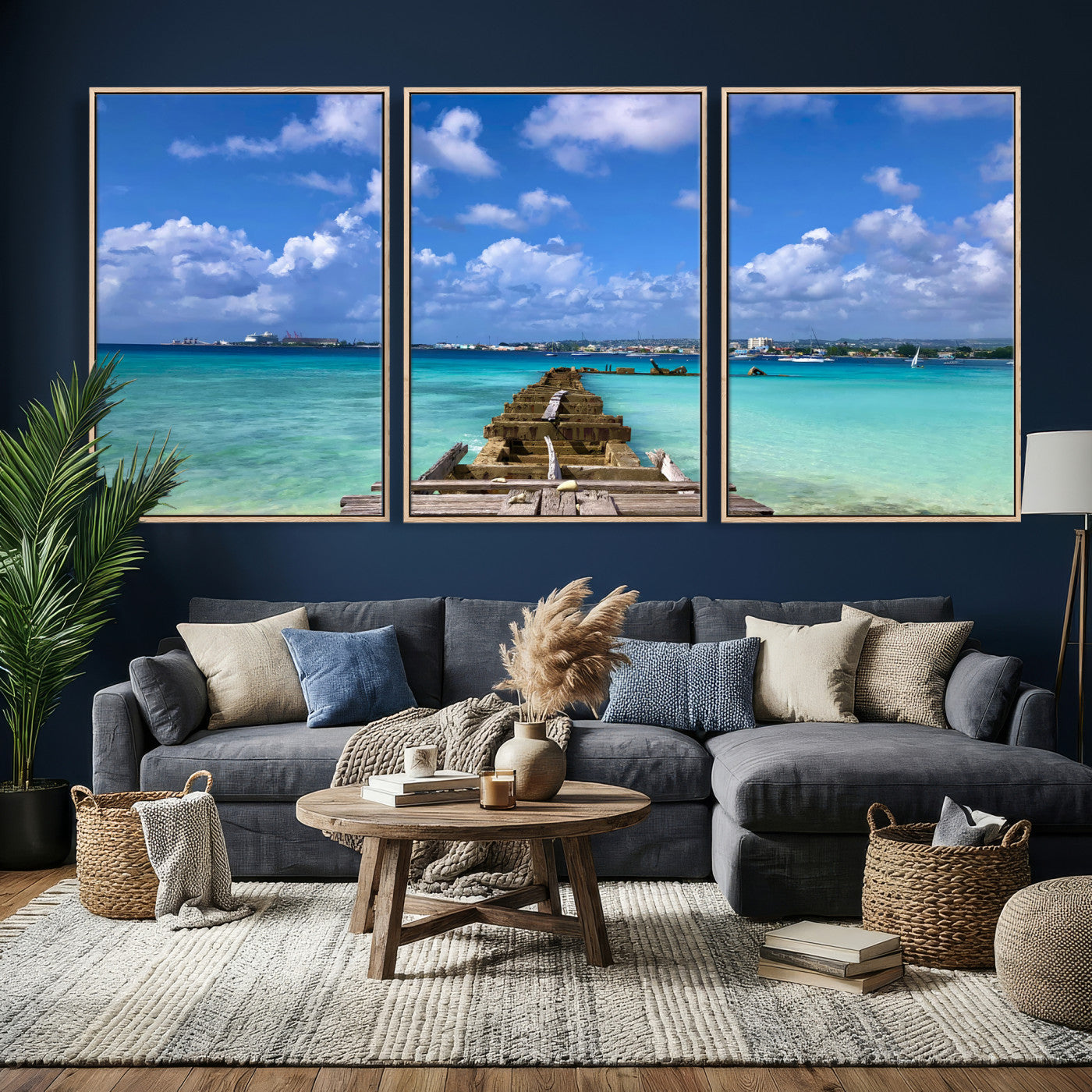 43165024-MGV-CV-36X24 - Caribbean Ocean Pier Seascape Wall Art Canvas Print, Turquoise Sea Tropical Harbor Canvas Print, Island Coastal Blue Water Scenic Art Printing
