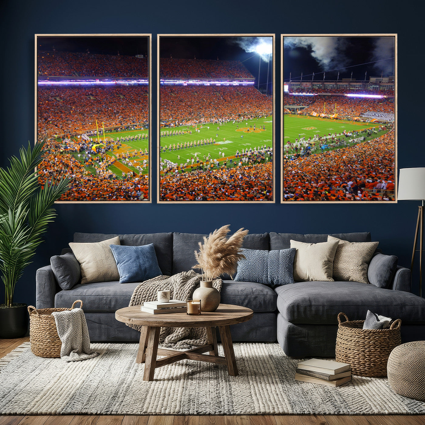 43662631-MGV-CV-36X24 - Clemson Football Stadium Wall Art Canvas Print, College Football Crowd Night Game Scene, Orange Stadium Panorama Wall Decor