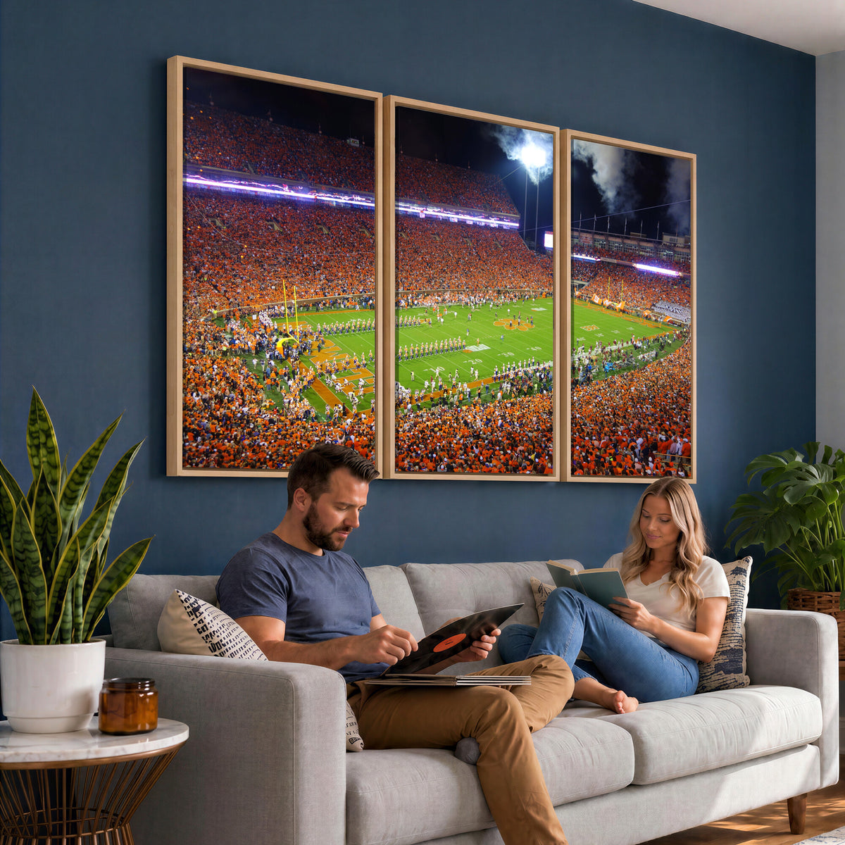 43662631-MGV-CV-36X24 - Clemson Football Stadium Wall Art Canvas Print, College Football Crowd Night Game Scene, Orange Stadium Panorama Wall Decor