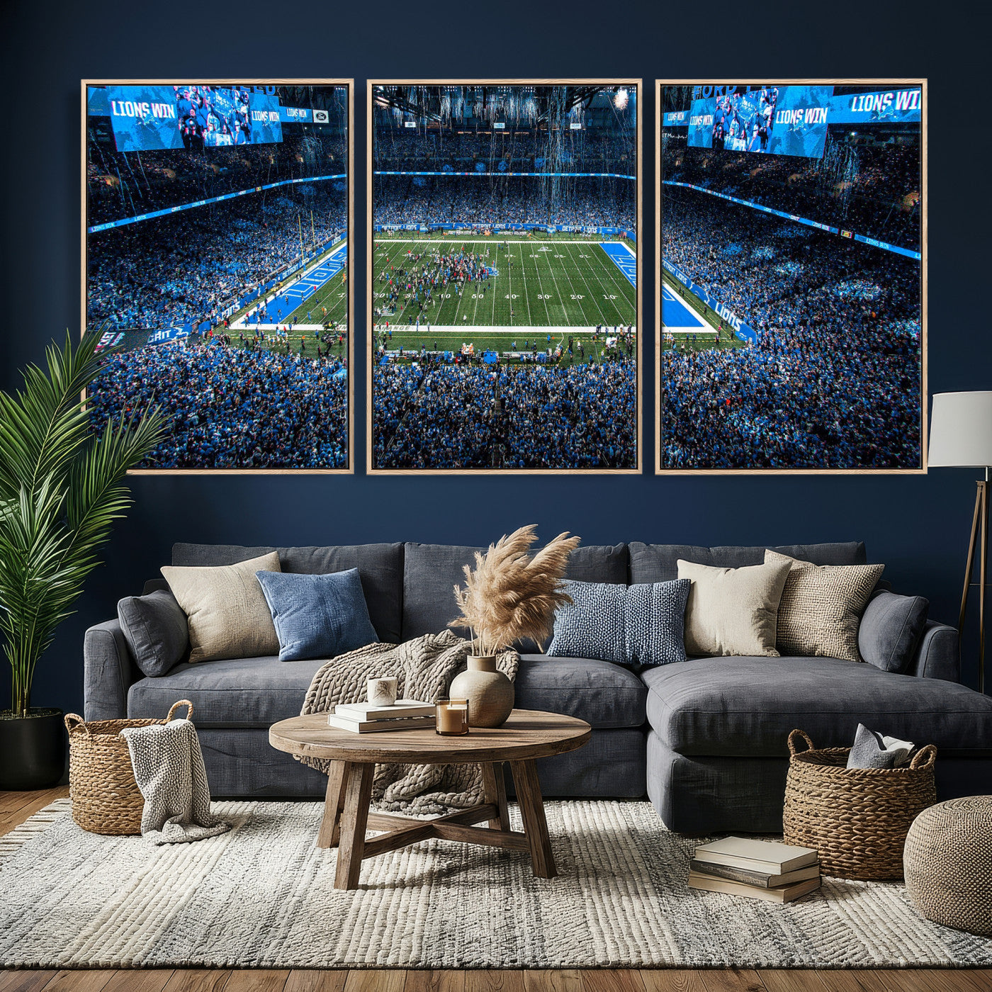 80882005-MGV-CV-36X24 - Detroit Lions Stadium Wall Art Canvas Print, Football Field Panorama Artwork, NFL Game Night Stadium Decor