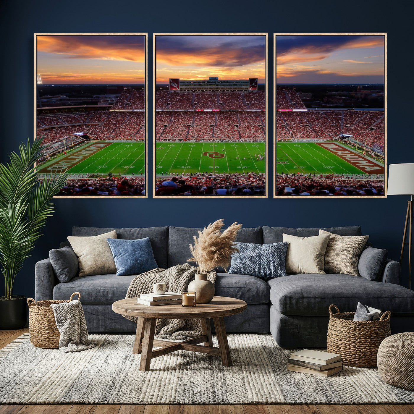51457497-MGV-CV-36X24 - Oklahoma Sooners Stadium Wall Art Canvas Print, College Football Sunset Game Scene, OU Football Field Panorama Wall Decor