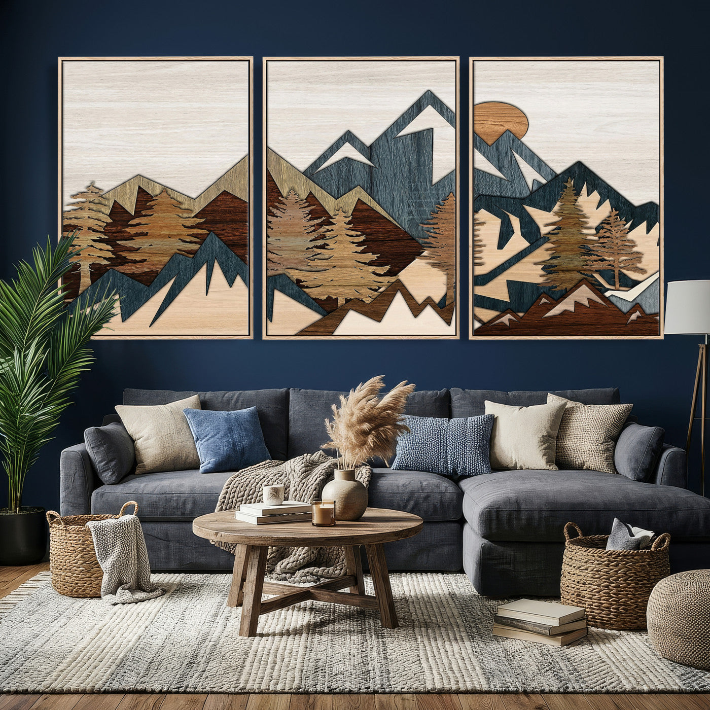 61833055-MGV-CV-36X24 - Mountain Forest Wall Art Canvas Print, Layered Wood Landscape Artwork, Rustic Nature Wall Decor for Living Room