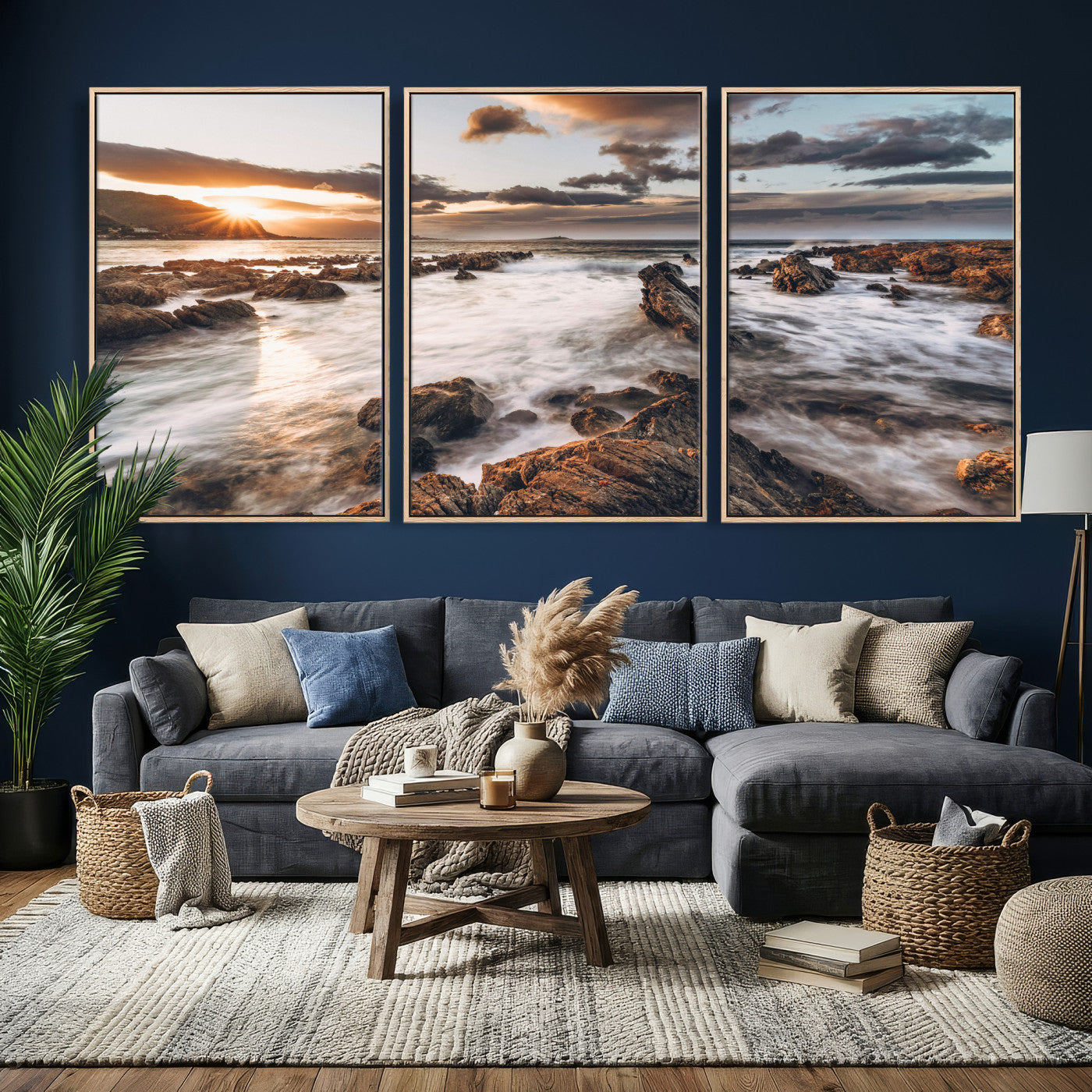 66746024-MGV-CV-36X24 - Rocky Coast Ocean Sunset Wall Art Canvas Print, Dramatic Seascape Nature Wall Decor for Living Room and Office