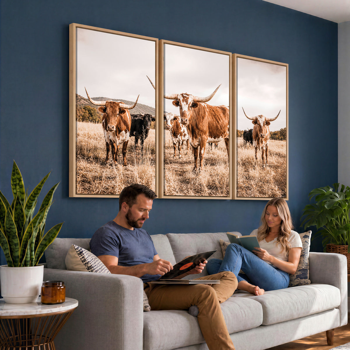 27539727-MGV-CV-36X24 - Texas Longhorn Cattle Wall Art Canvas Print, Sepia Western Decor